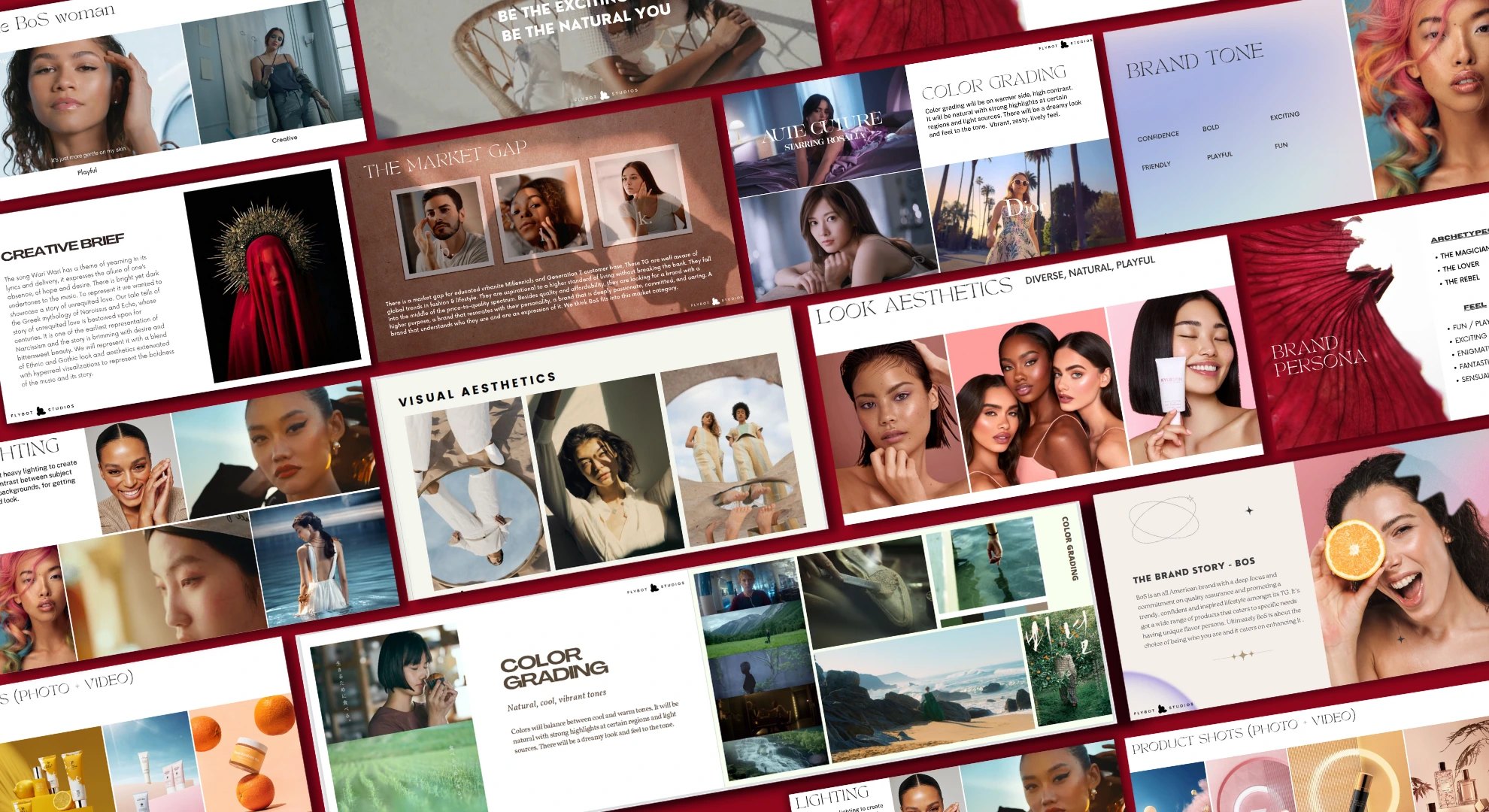 A thematic pitch deck design for a beauty and skincare brand. The pitch deck follows clean aesthetics mixed with splashes of color and dynamic moodshots to encapsulate the emotion of the youthful target audience the brand is targeting. 