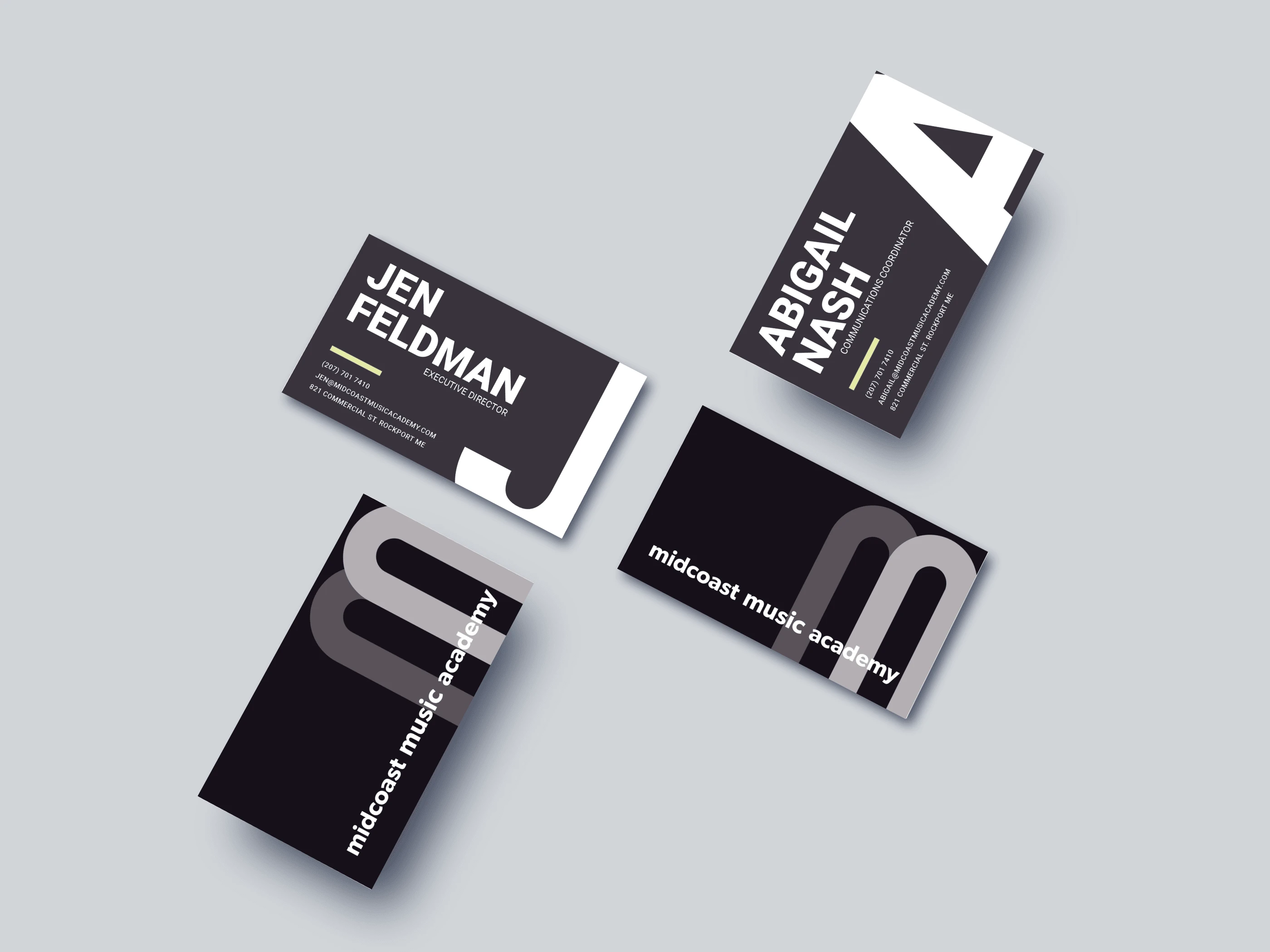 Mockup view of different people's business cards in the organization.