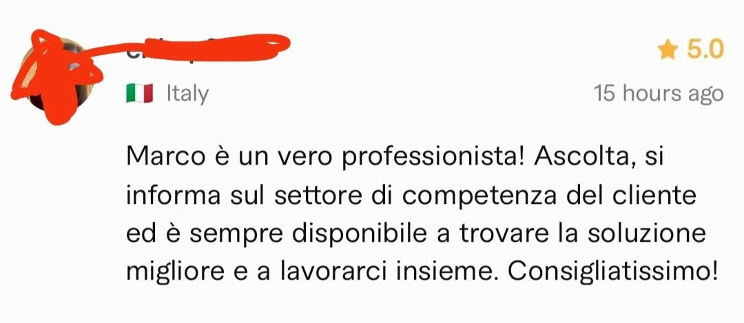 Original review in Italian, name has been obscured for privacy reasons