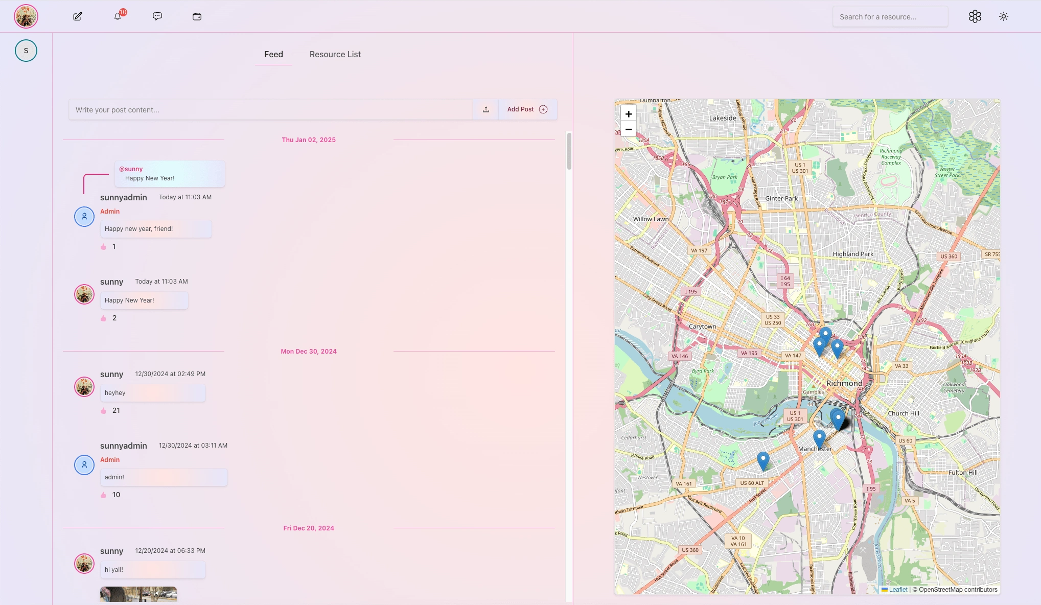 Community Feed with live updates and a map of resources within the user’s community (zip code).