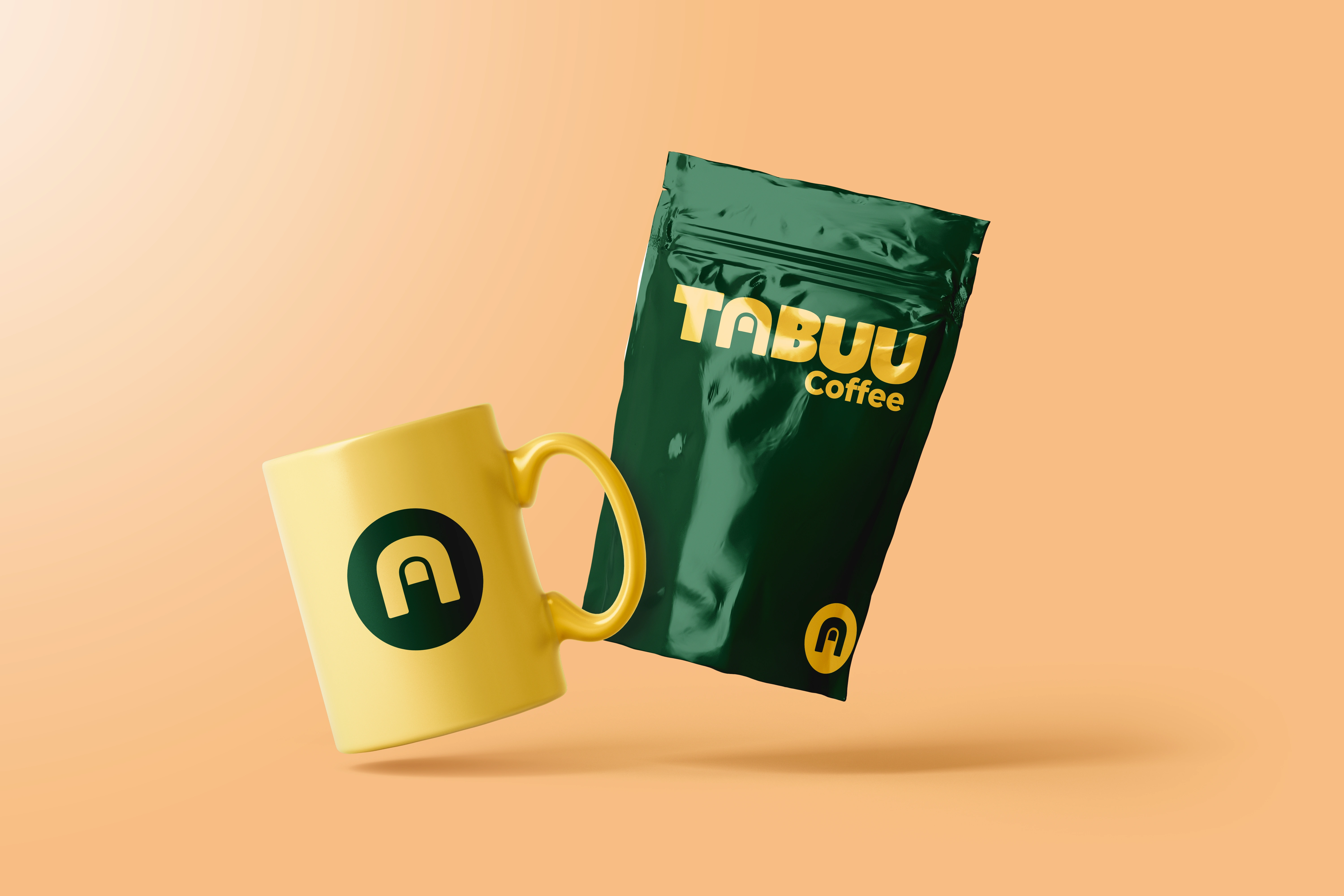 Mockup of Tabuu Coffee branding on a coffee mug and coffee beans packaging