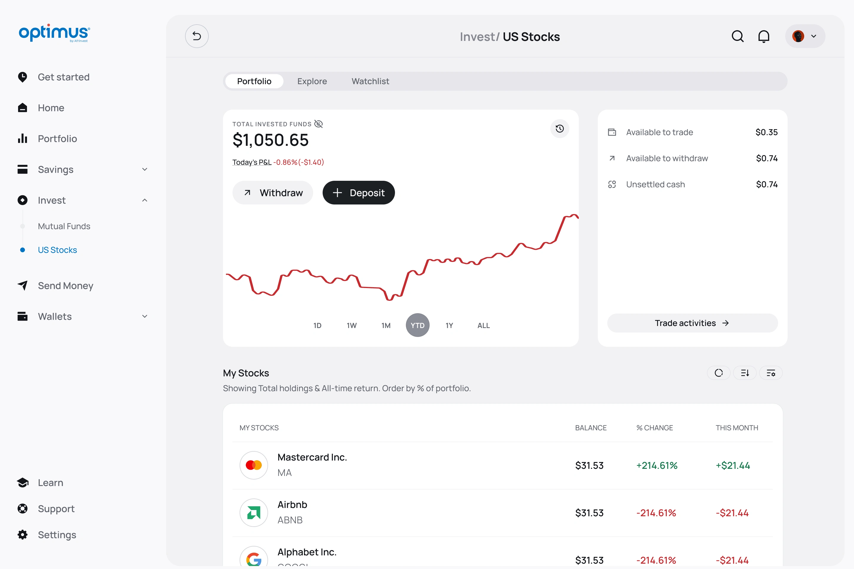 US stocks portfolio (light mode)