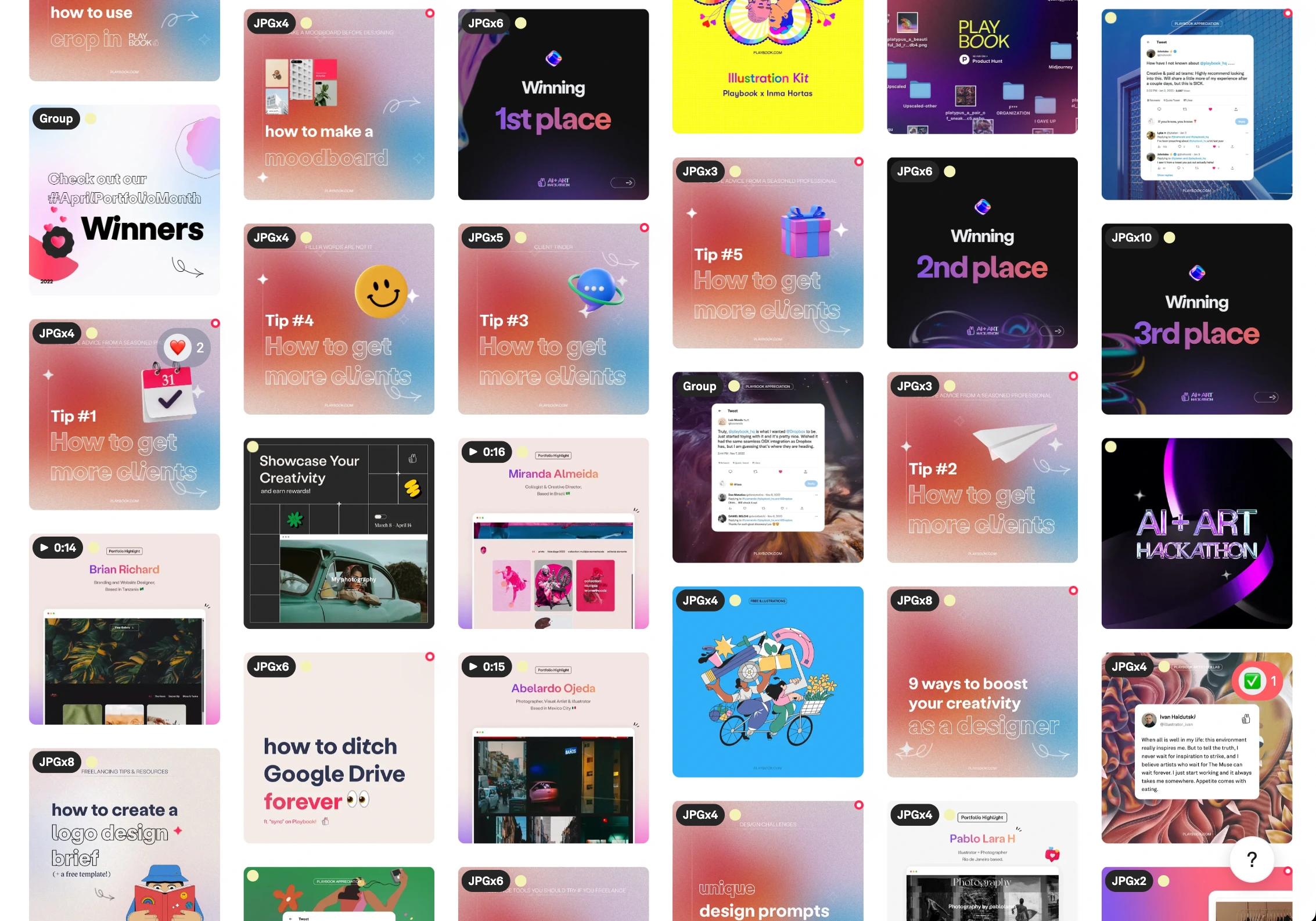 Above is a screenshot of our feed planning board (organized in our product, of course!), that showcases new themes of graphics: professional advice and resources for creatives, instructional tips on how to use our features, and even testimonials from our community. 