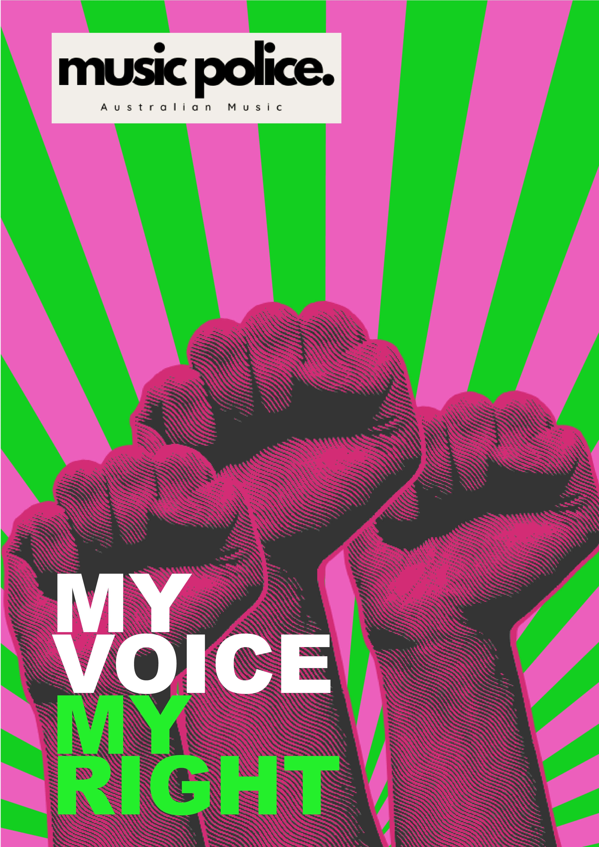 A poster about empowering voices. Available on download on official MusicPolice website