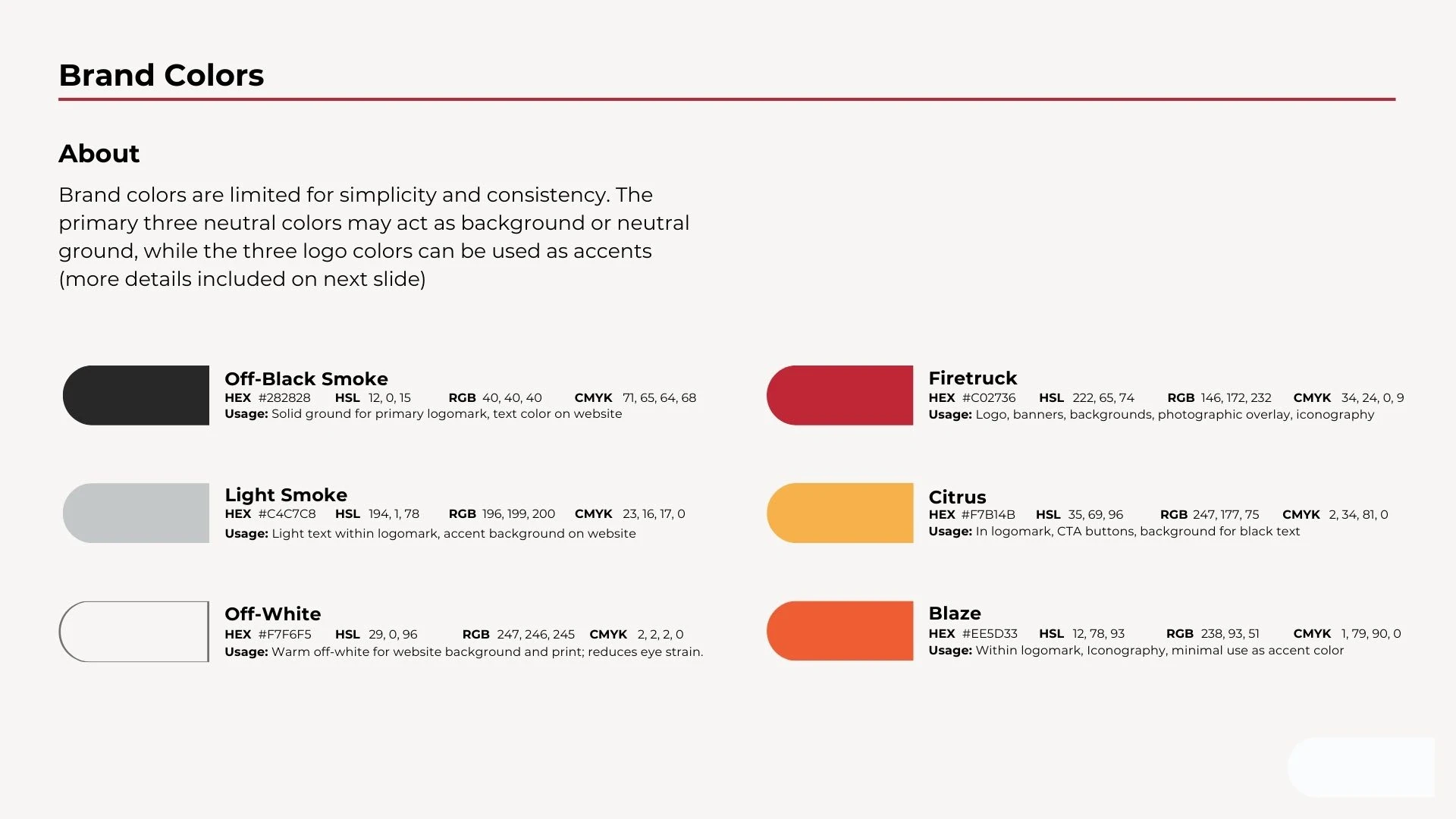 Brand color palette and usage guidelines