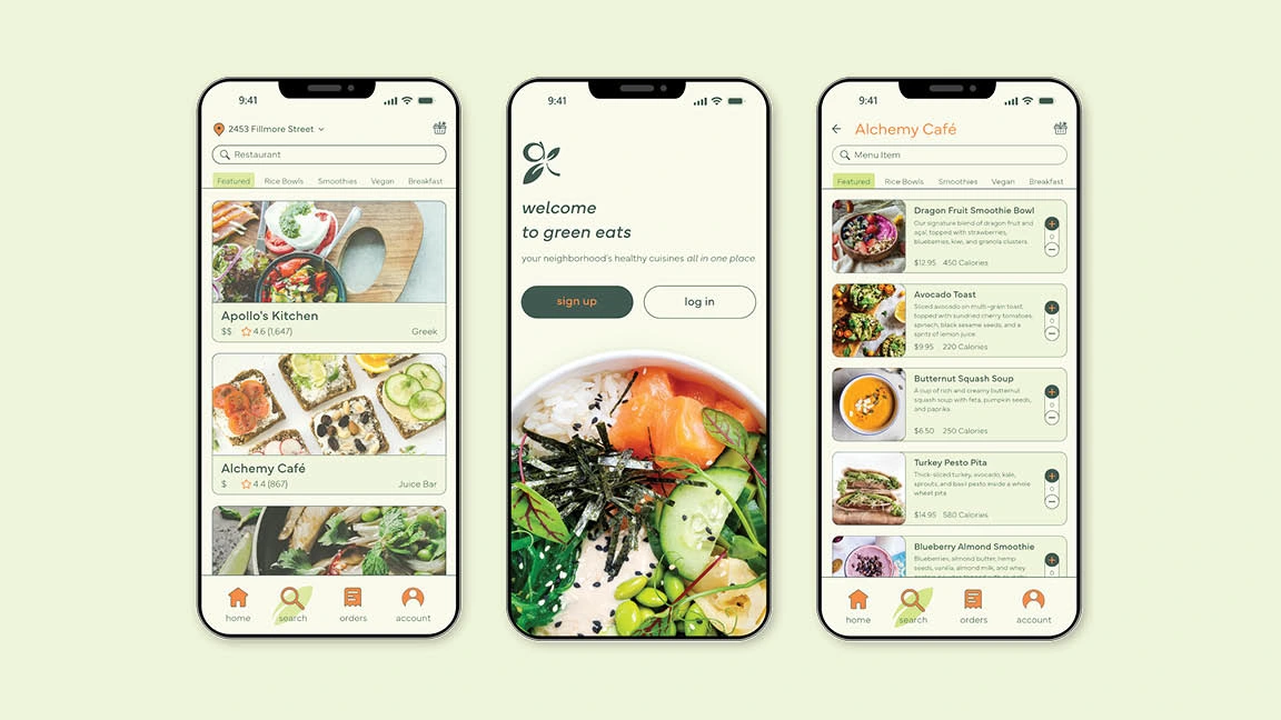 UX/UI Mockup of Restaurant Cards, Log In Screen, and Menu Cards (left to right)