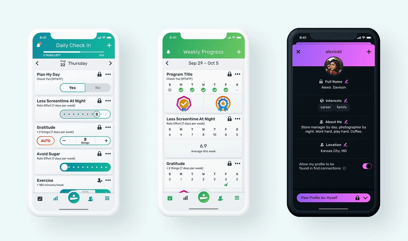 Key screens in the Nukshuk app: Daily Check In, Weekly Progress, User Profile