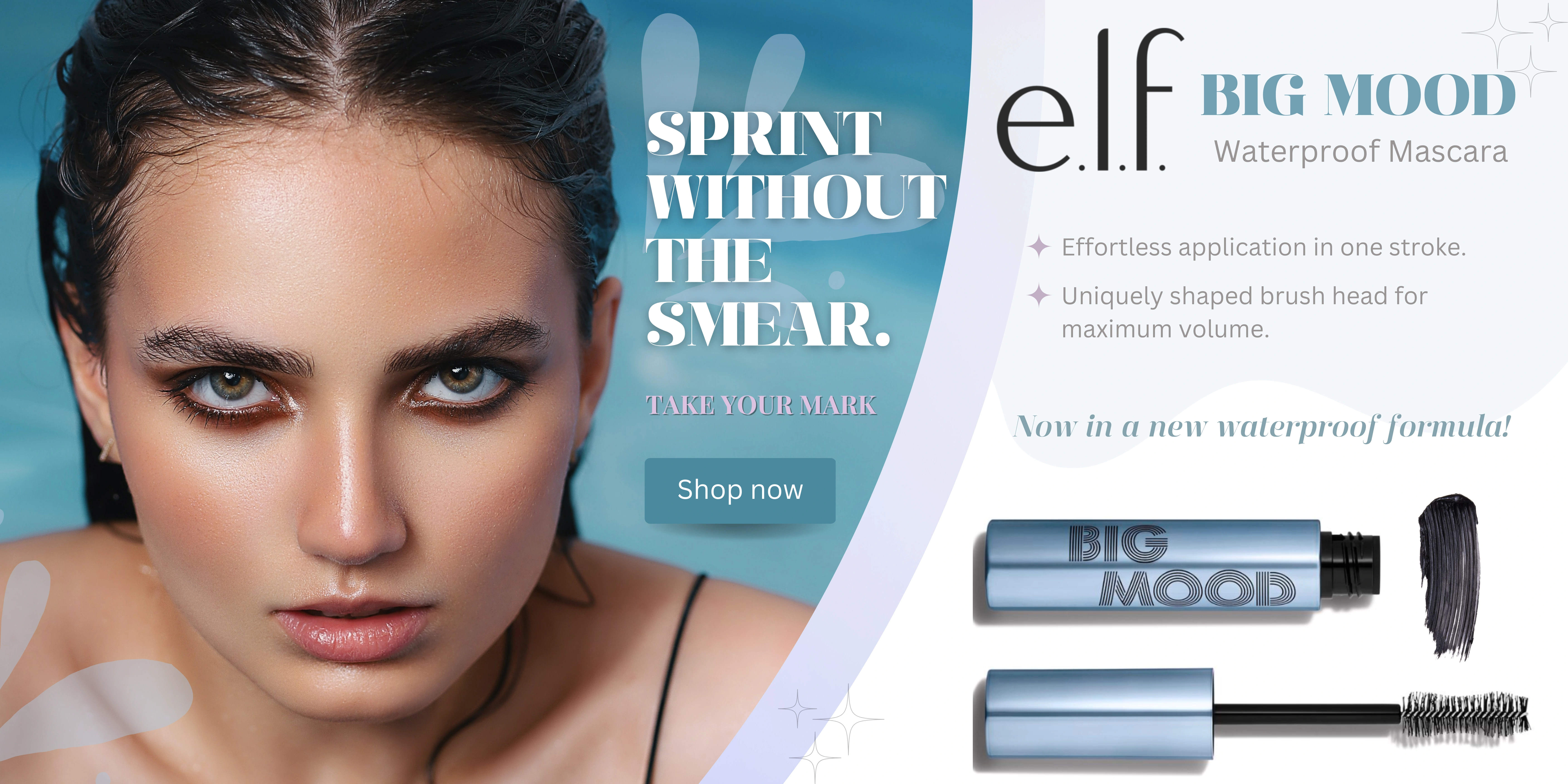 Banner ad to promote the new launch of e.l.f. cosmetics best-selling Big Mood waterproof mascara. Sprint without the smear #BigMoodEnergy