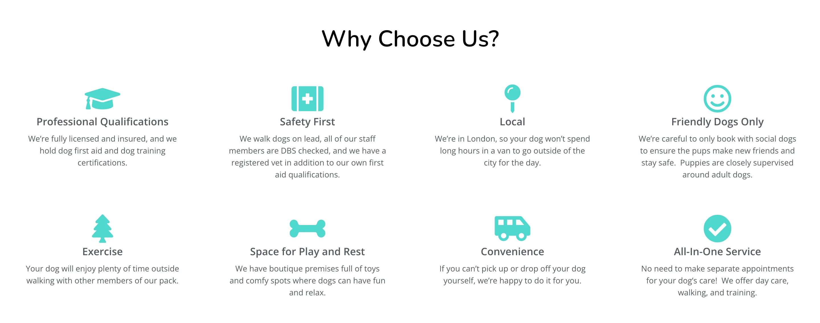 The "Why Choose Us?" section of the Great and Small Dog Care website.