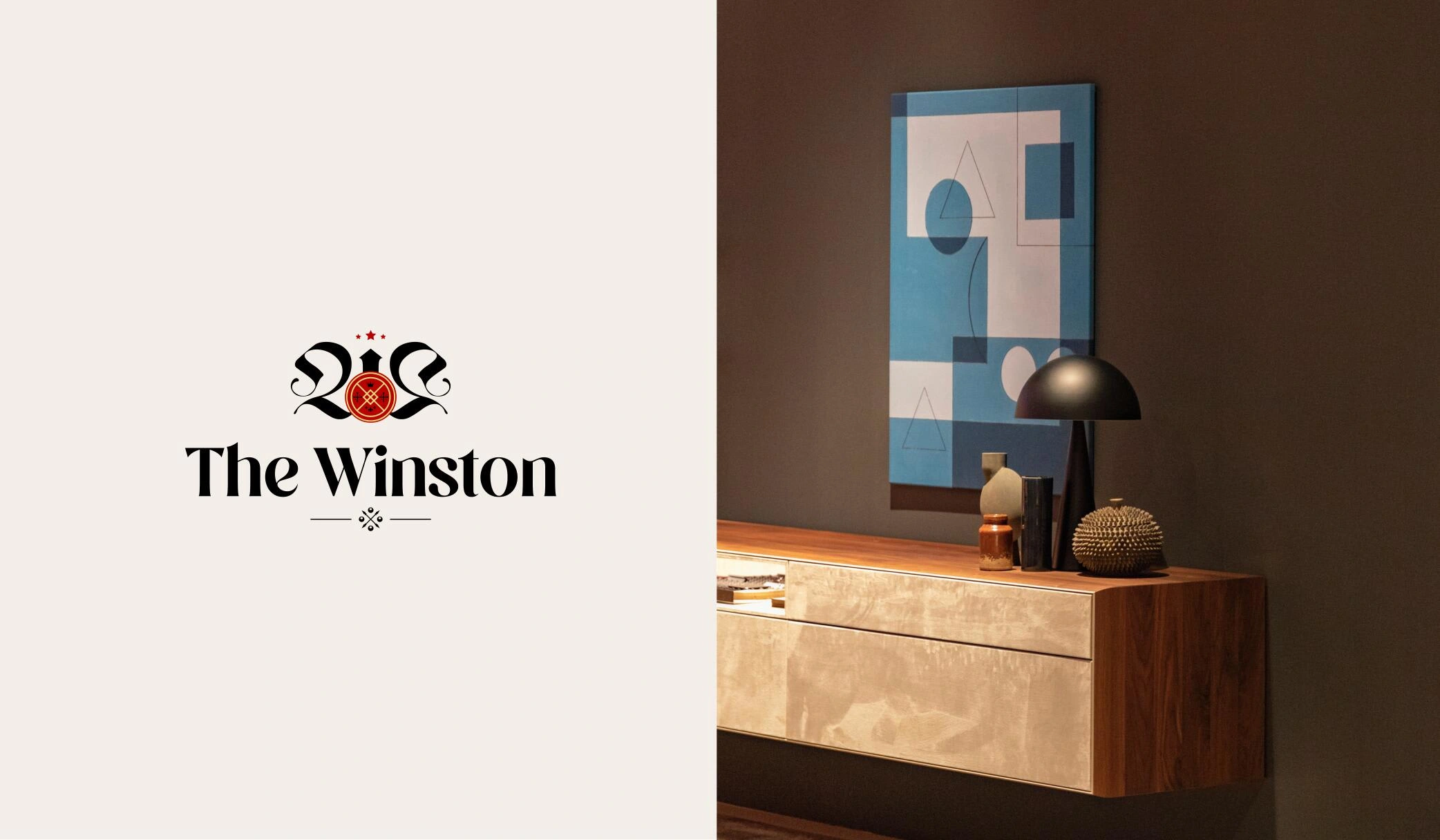 The logo next to an image of a luxury wall with cabinets, to showcase how the brand's aesthetic can be incorporated into the design of the property.