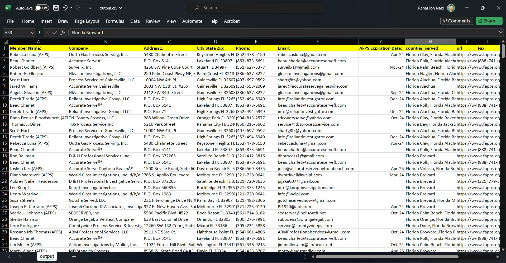 Extracted Data Opened in Excel