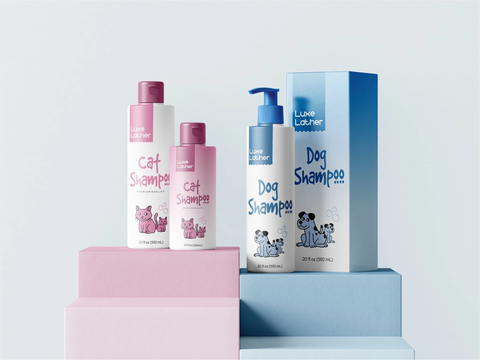 Pet Care Packaging: Fun and functional design for cat and dog shampoo products.