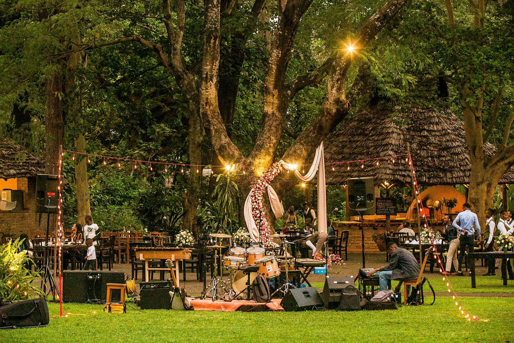 The live band setting up its stage.