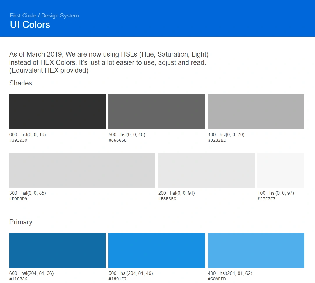 Our UI Colors including HEX and HSL for references