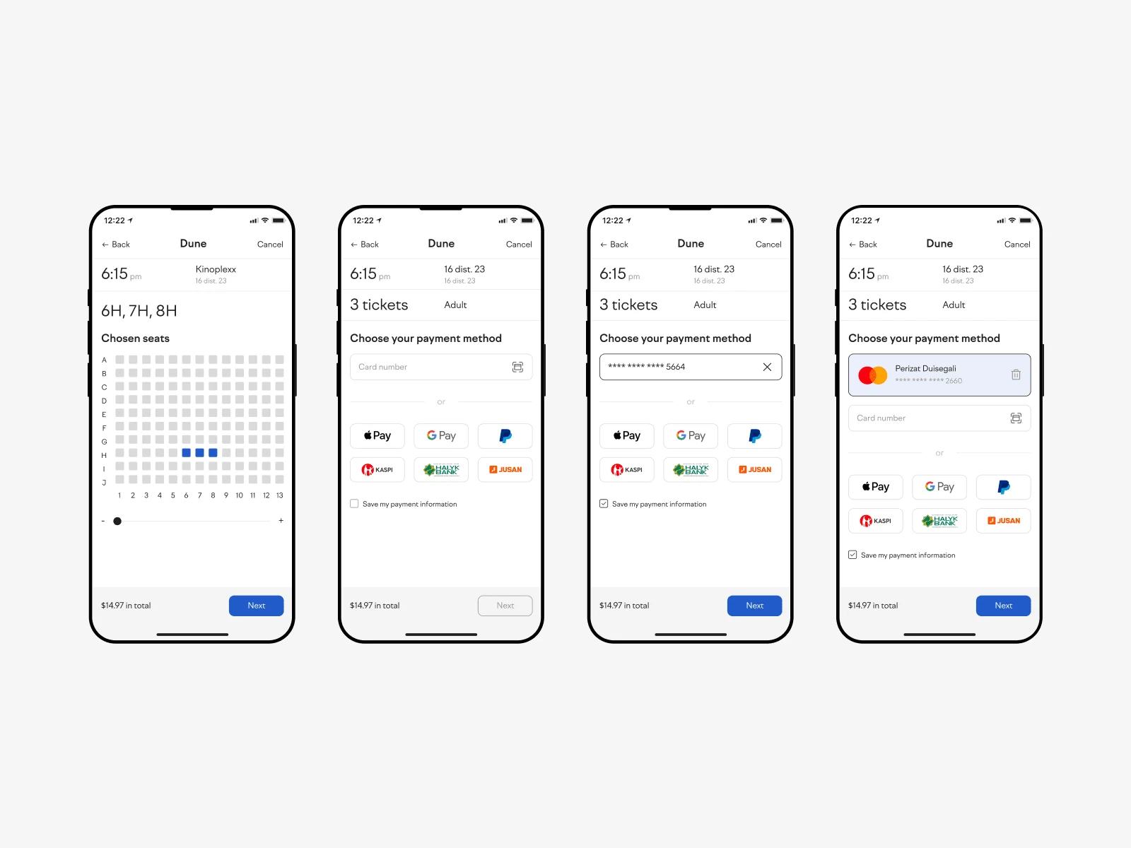 Seats and payment method choice pages