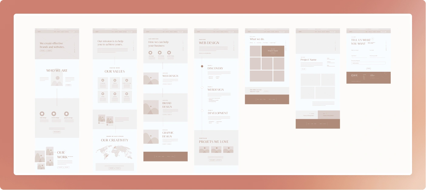 Our first set of wireframes. To speed up the process and have something live as soon as possible, we decided to simplify the wireframes and opted for a one-page website design.