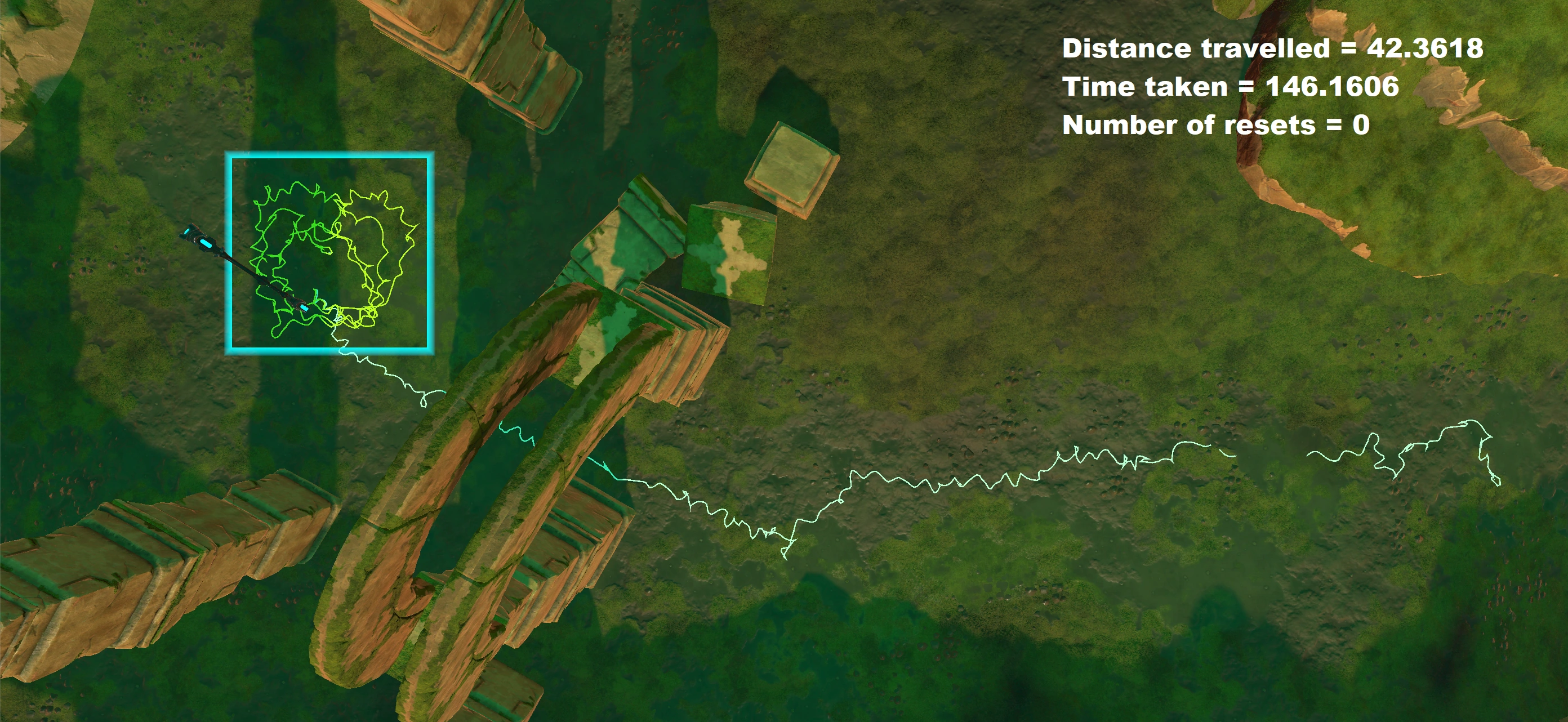 A straight virtual distance of 42.3m traveled by a user from within a 3.5x3.5 m2 of physical space.