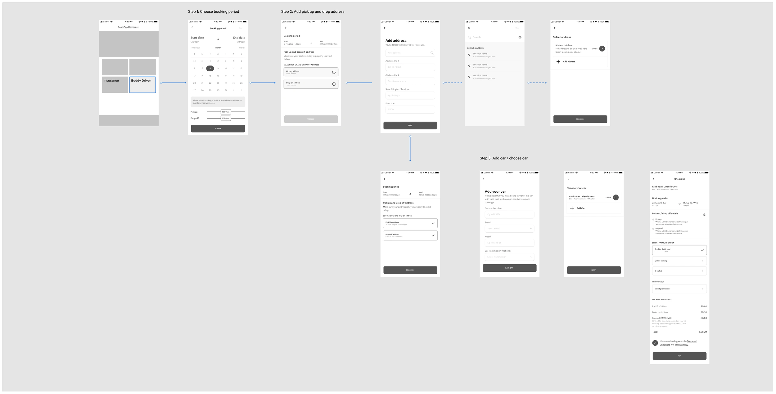 Wireframes: First-time booking buddy driver flow