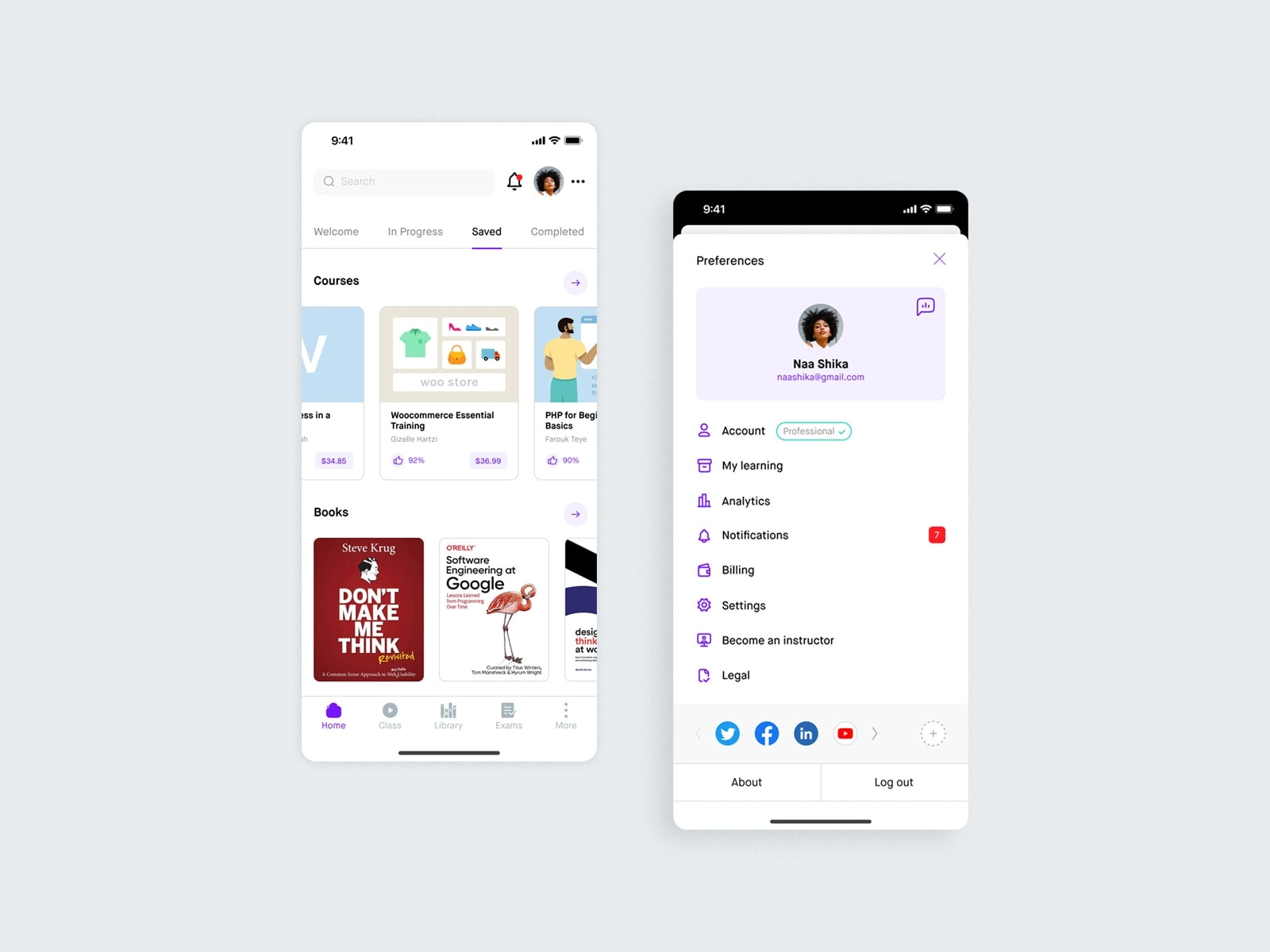 Library and profile — mobile view