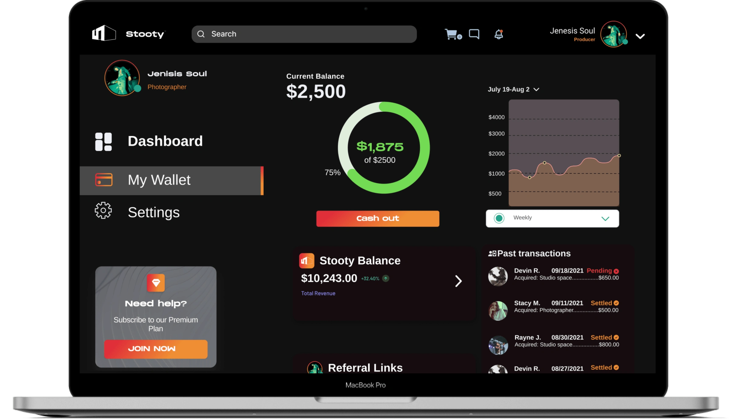 Dashboard wallet with additional payout options, earning tracking, and past transactions. 