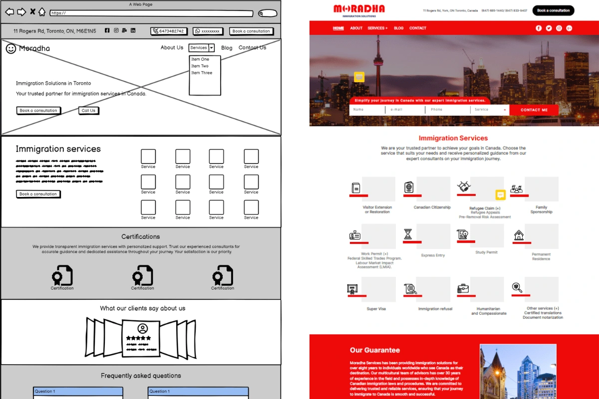 On the left is the initial website mock-up and on the right is the first proposal for Moradha's website design.