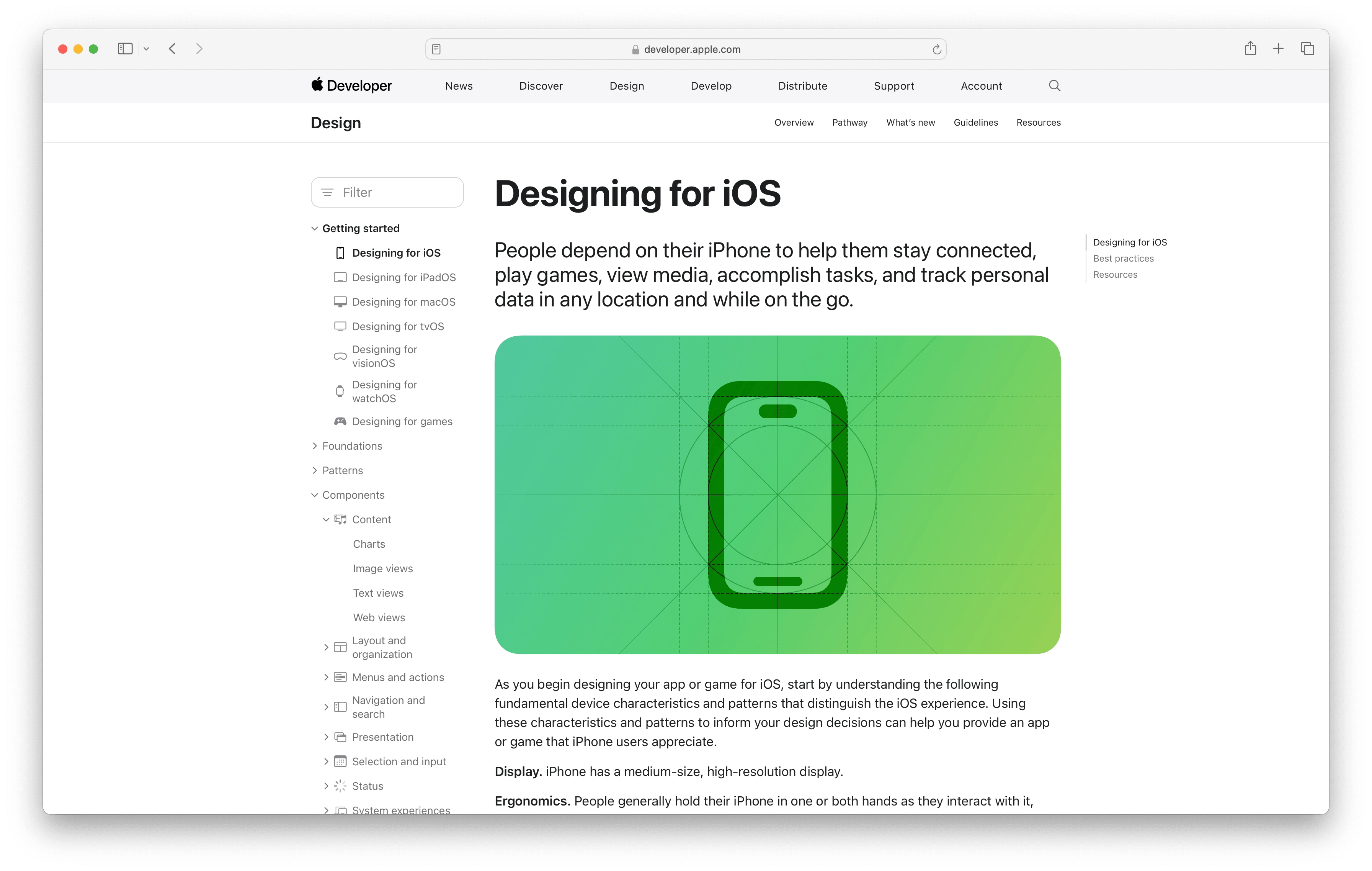 Figure 1.2 Apple's Human Interface Guidelines (HIG) documentation website promotes exploration by providing users with a clear overview of available sections and the ability to expand and collapse sections as needed.