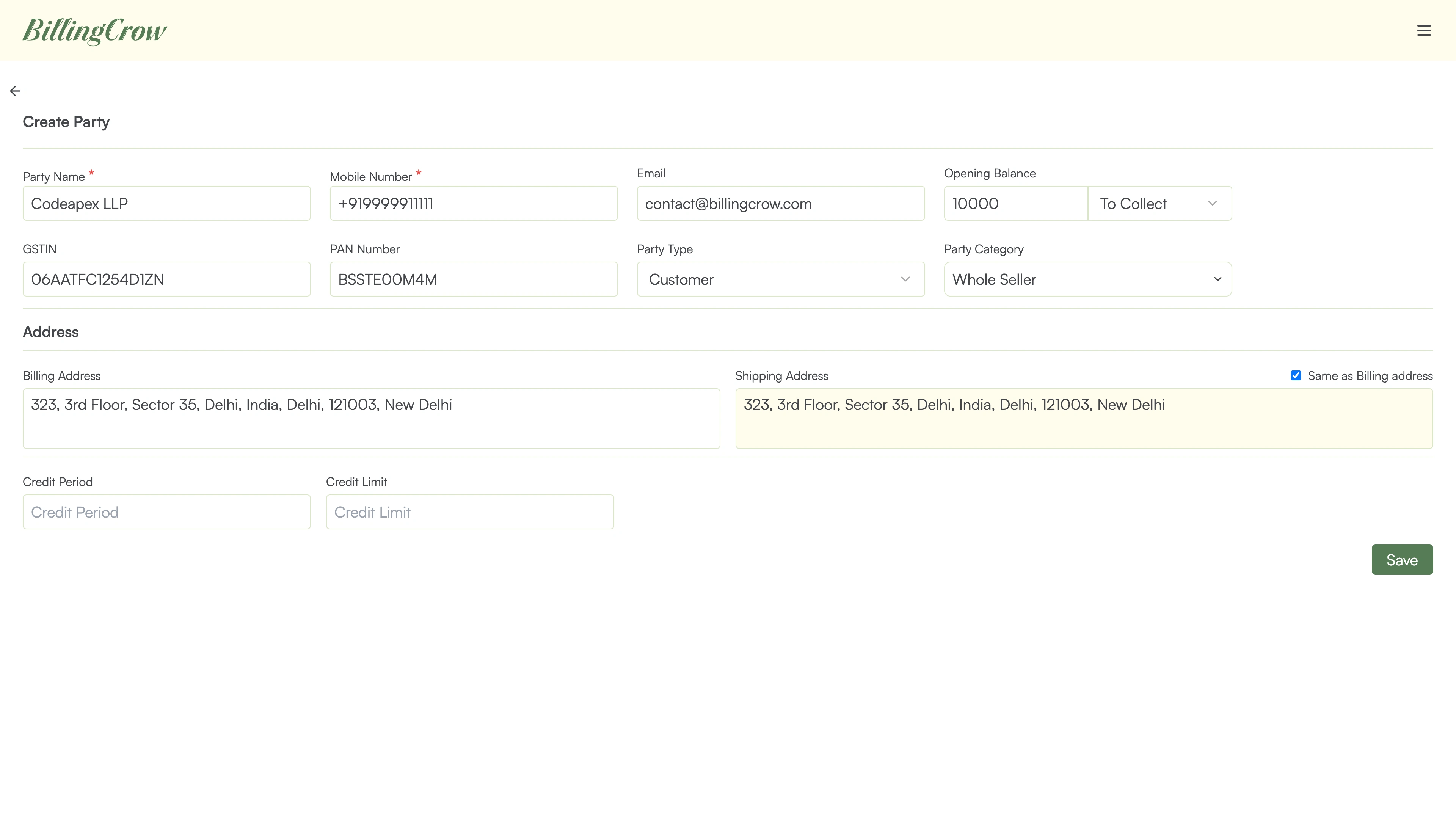 Create Party page in Billing Crow