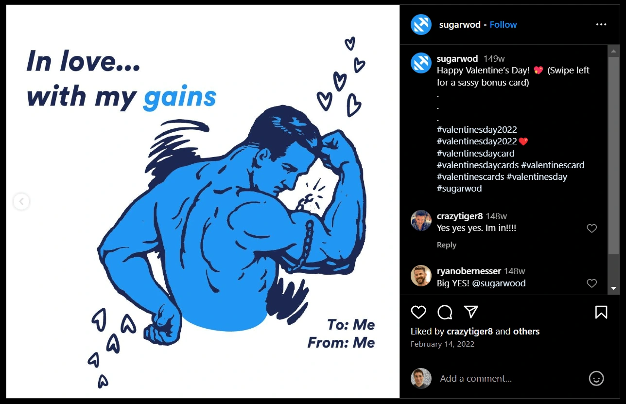 "In love with my gains" Valentine's Day graphic for SugarWOD