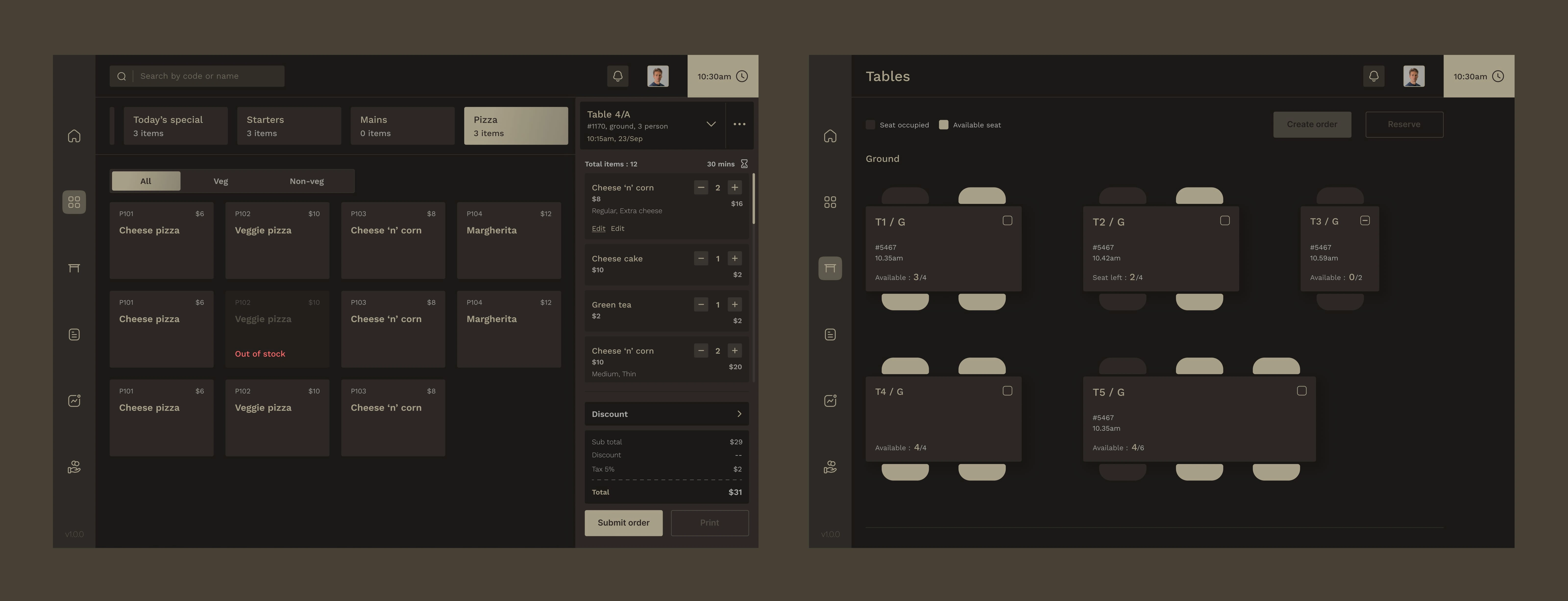 Order taking and table selection screens