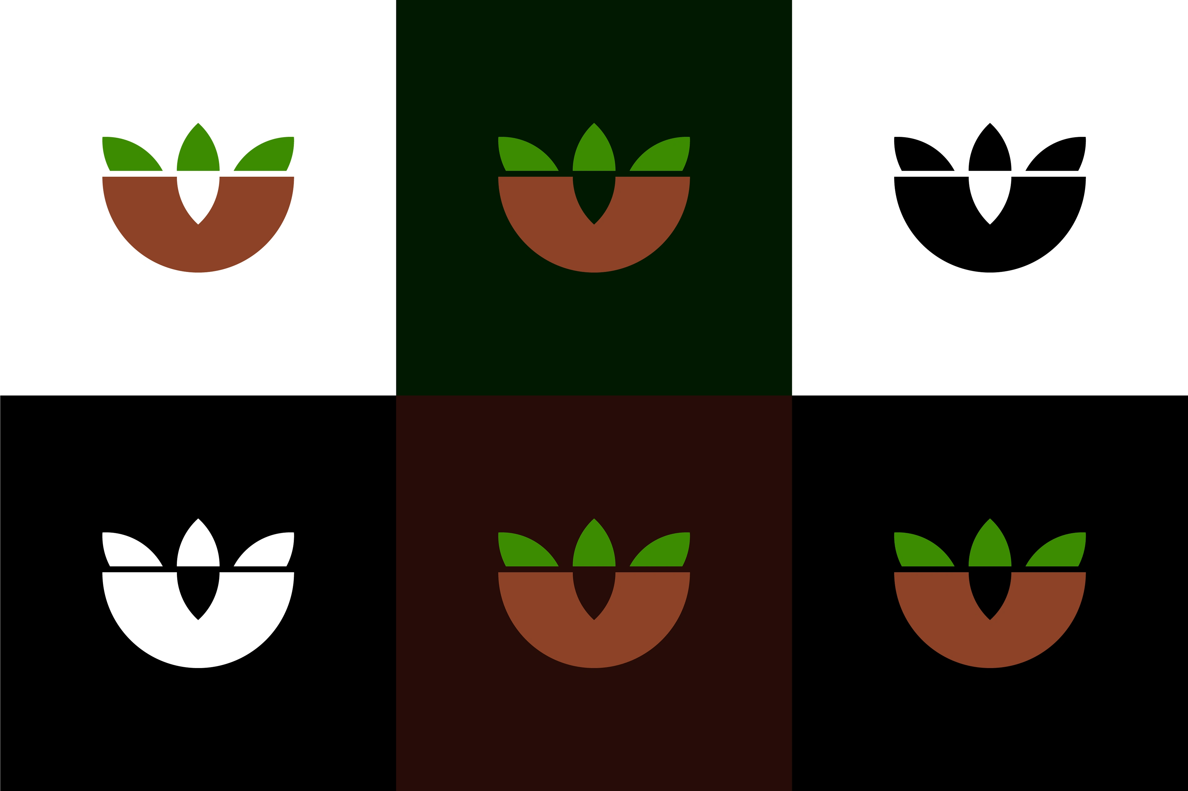 The logomark on white, black, plant green and mud brown bg. (The bg is divided into six)