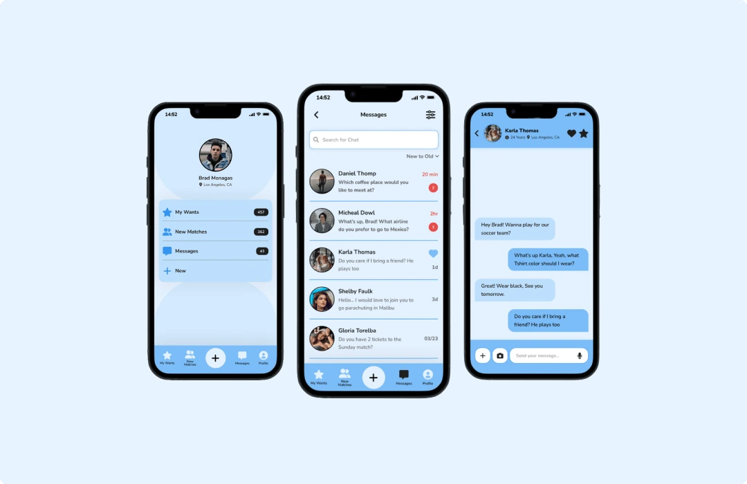 Messages features recent messages from users that matched with wants