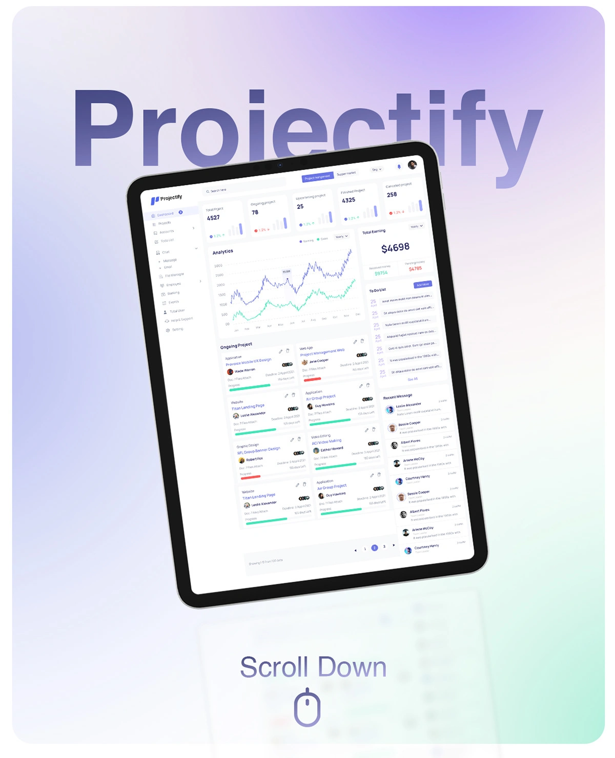 Wireframe
A low-fidelity sketch outlining Projectify’s user interface, showcasing the layout of dashboards, project lists, and financial summaries for initial feedback.