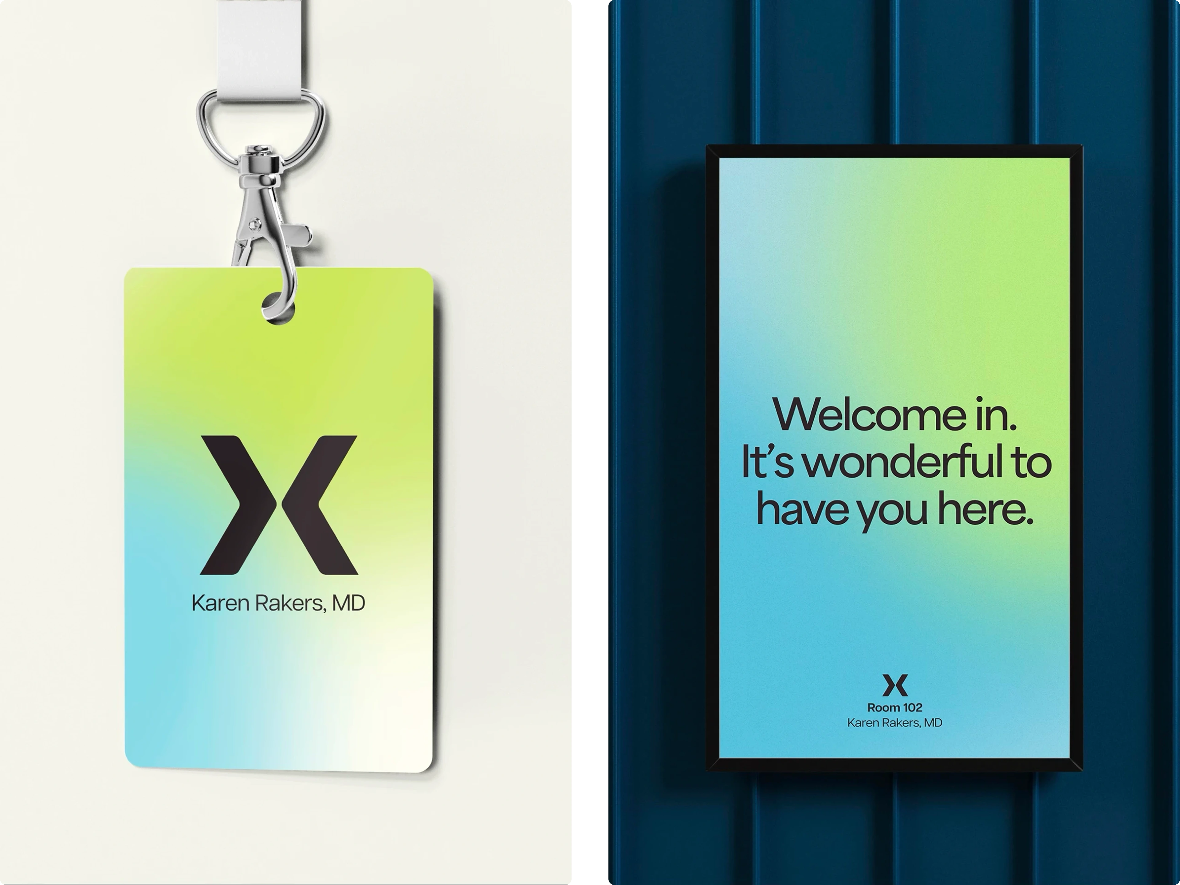 New branding application on a lanyard card and a poster.