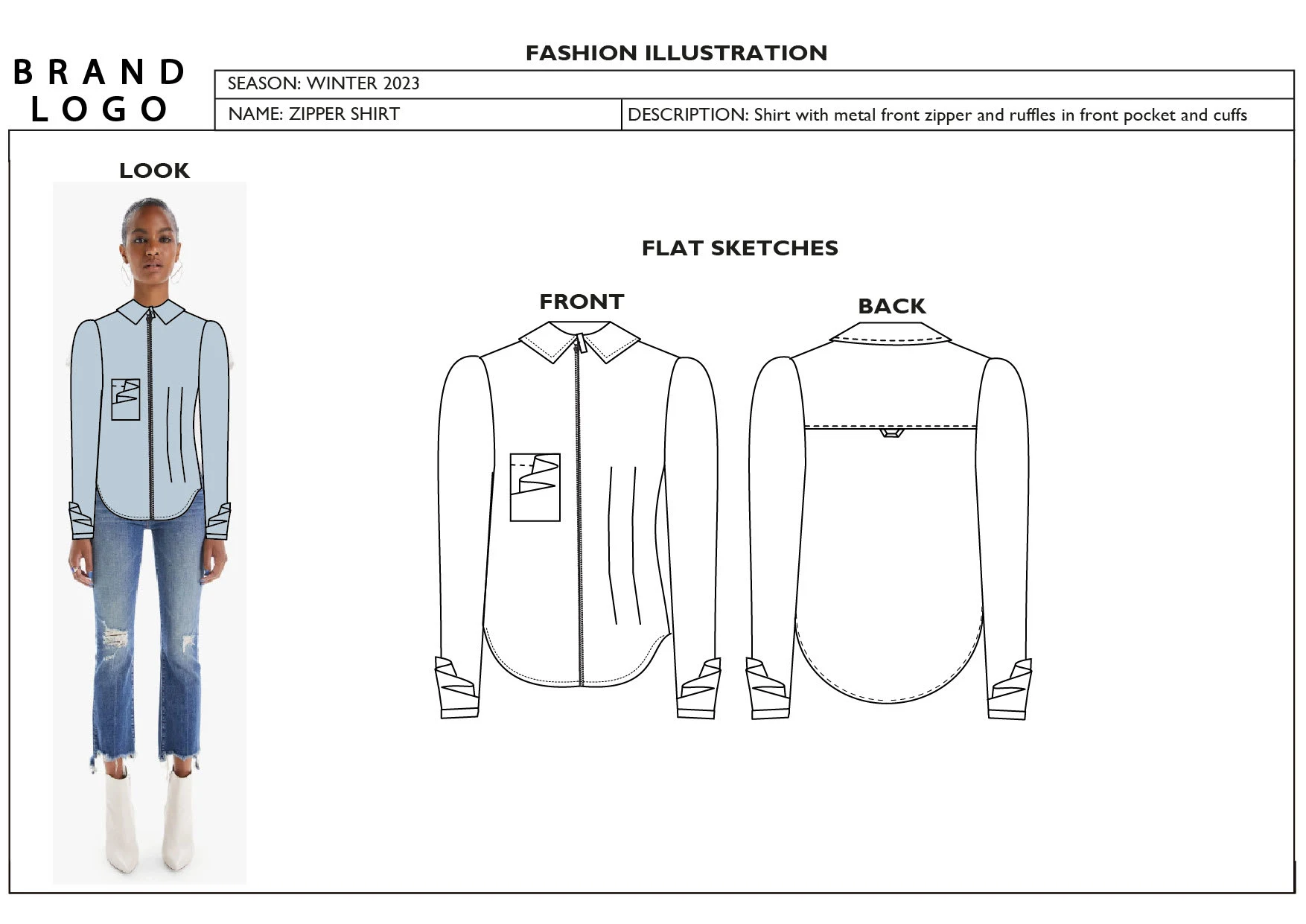 Flat sketches and mockup design showing realistic use of the garment