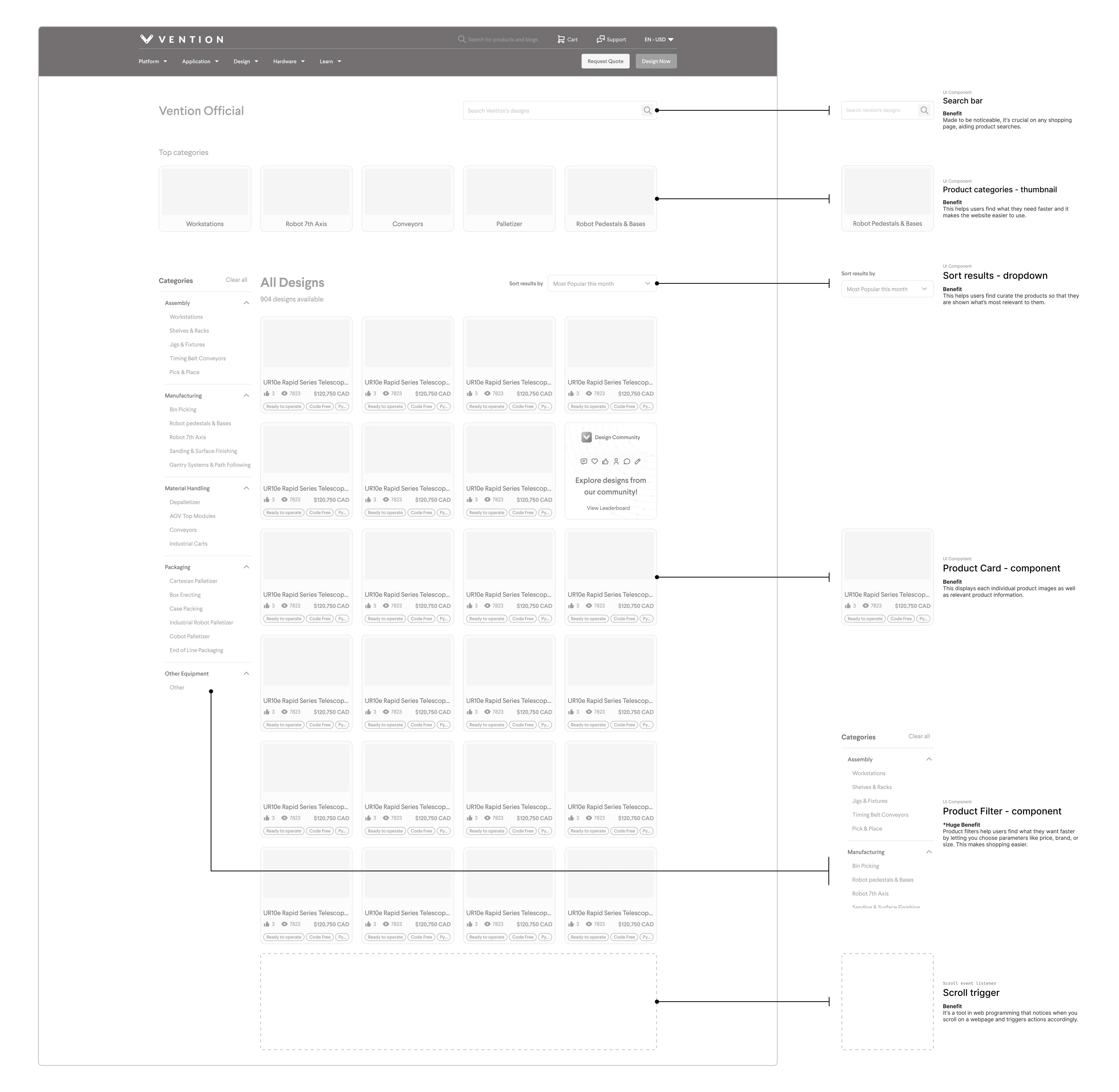 Low - fidelity mockup with annotations to explain the UI components on the page and their benefit