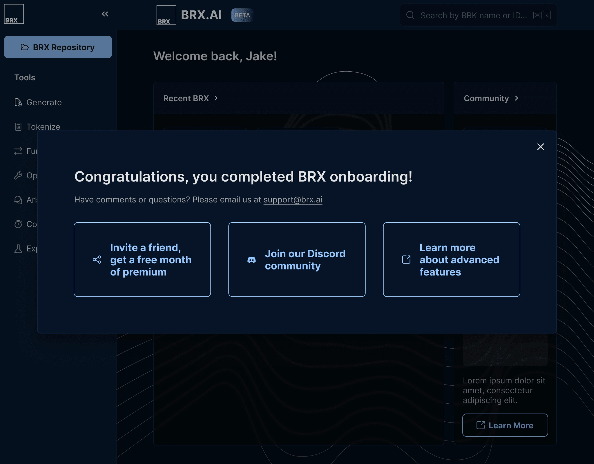 Key closing screen that encourages inviting collaborators, getting involved with the BRX community, and diving into the docs. Signaling the end of onboarding allows users to get excited about the new product, and move from learning mode into exploration mode.