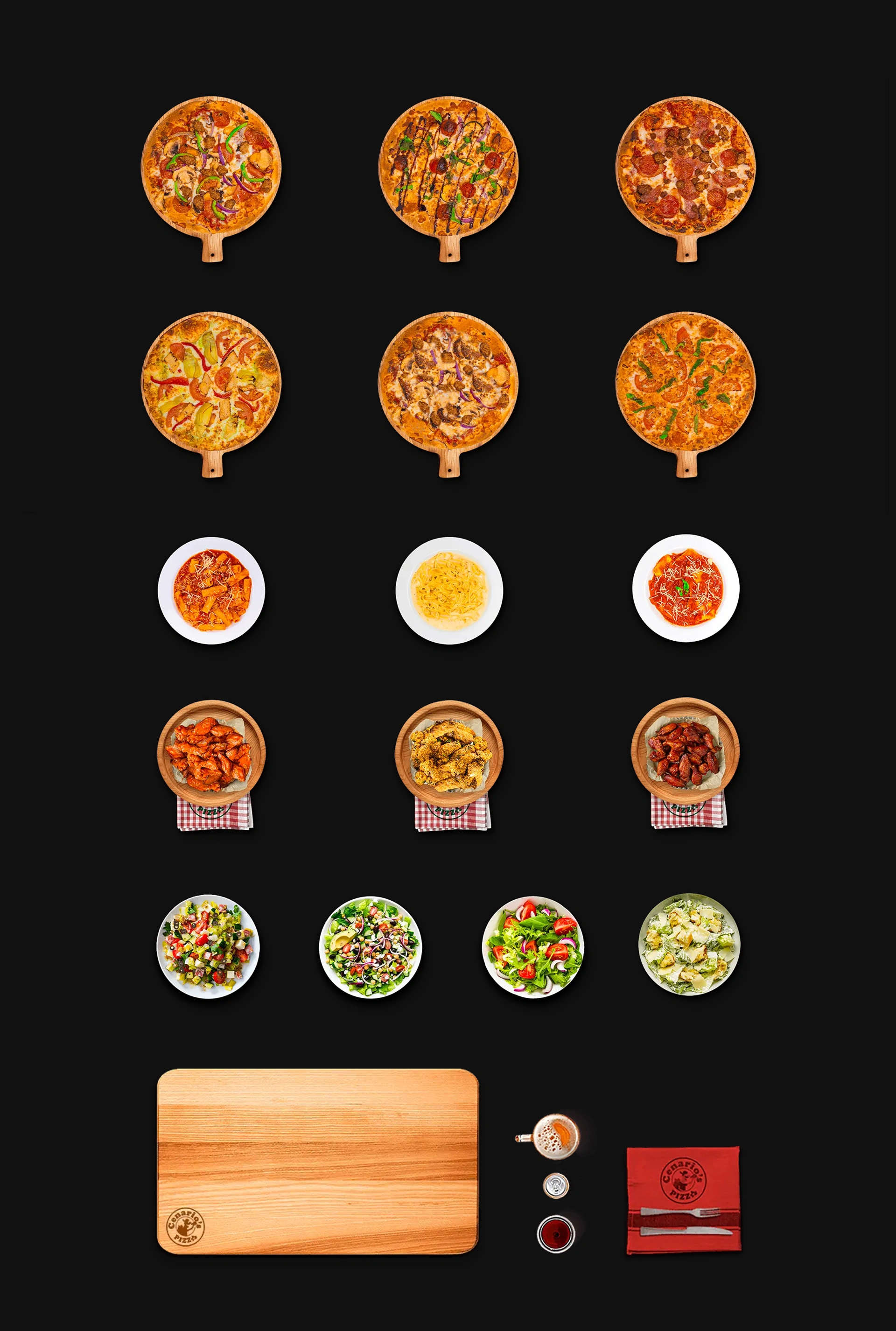 AFTER: Compilation of a few optimized menu item images showcasing various pizzas, pastas, wings, salads and branded items like a cutting board and napkin.

