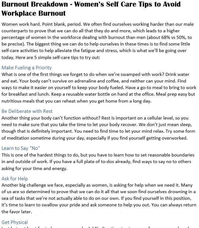 This is a snippet of an article I wrote for a previous client on another platform regarding burnout in the workplace, specifically in women.