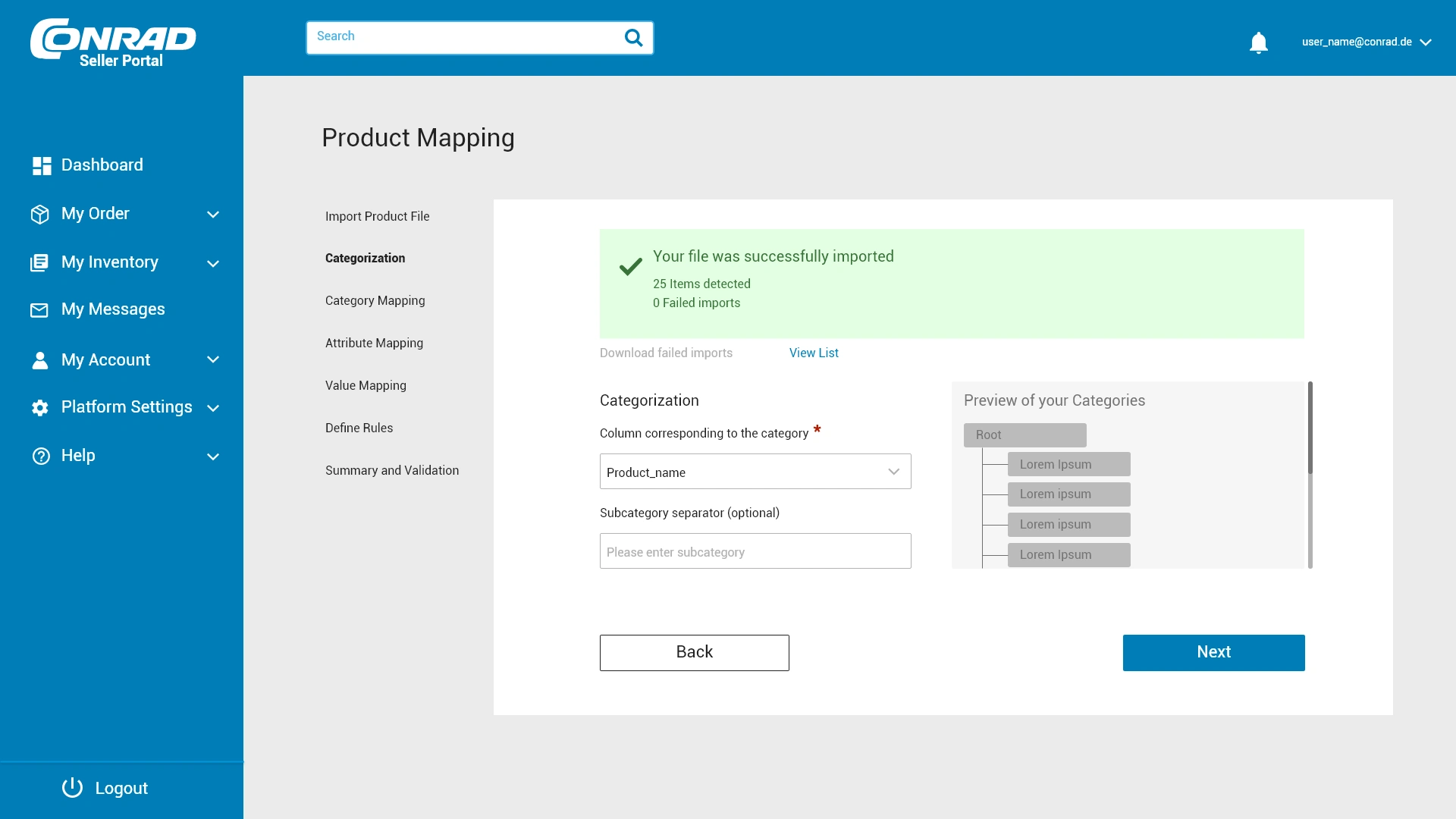 Product Mapping: Success message after uploading the full inventory

