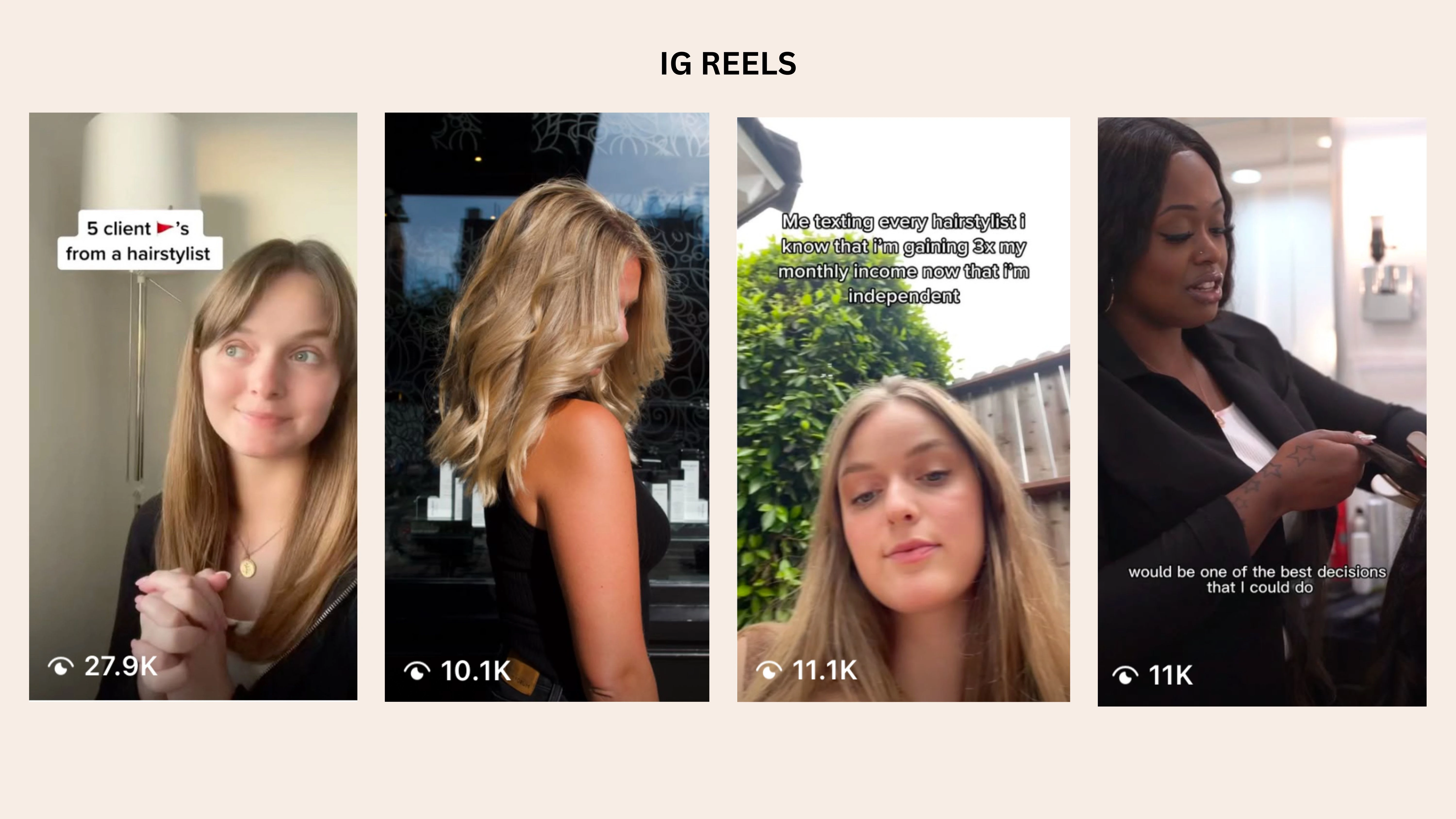 Reels based on content pillars: educational, stylist results, on-trend, stylist storytelling