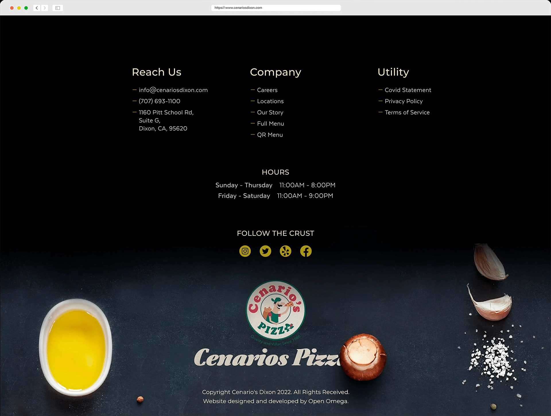 Custom artwork on the Cenario's Pizza website footer