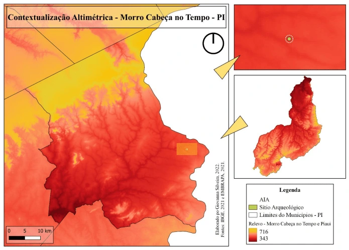 Map showing the relief of Piauí, the municipality of "Morro Cabeça no Tempo", and the region where the archaeological site was found. The site is located in a region with lower elevation.