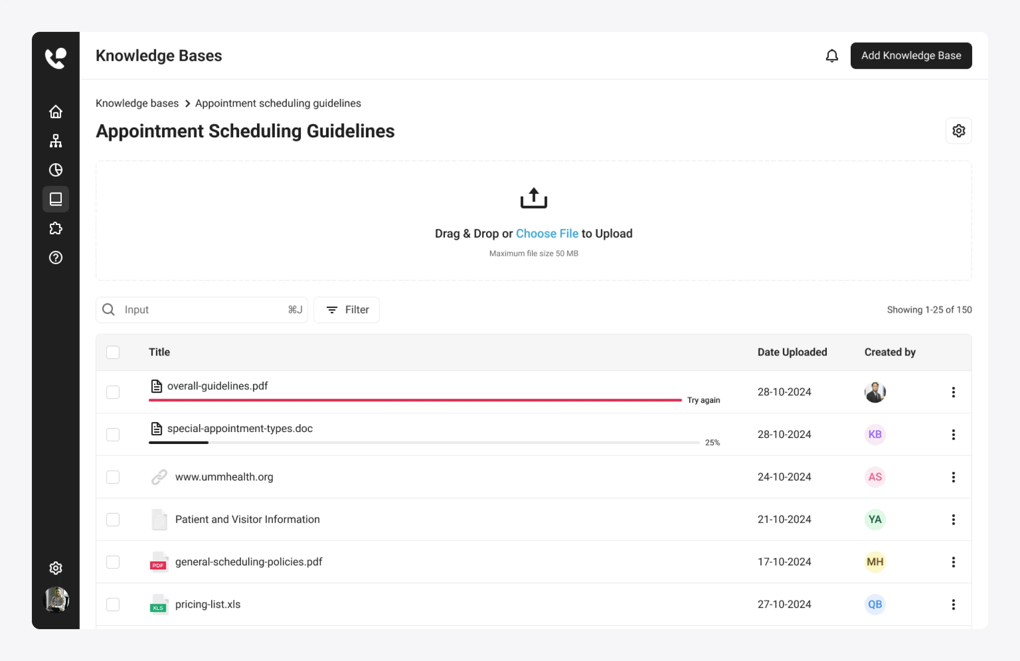 This page shows the details of a knowledge base, allowing users to edit and manage the information that guides the agent’s responses.