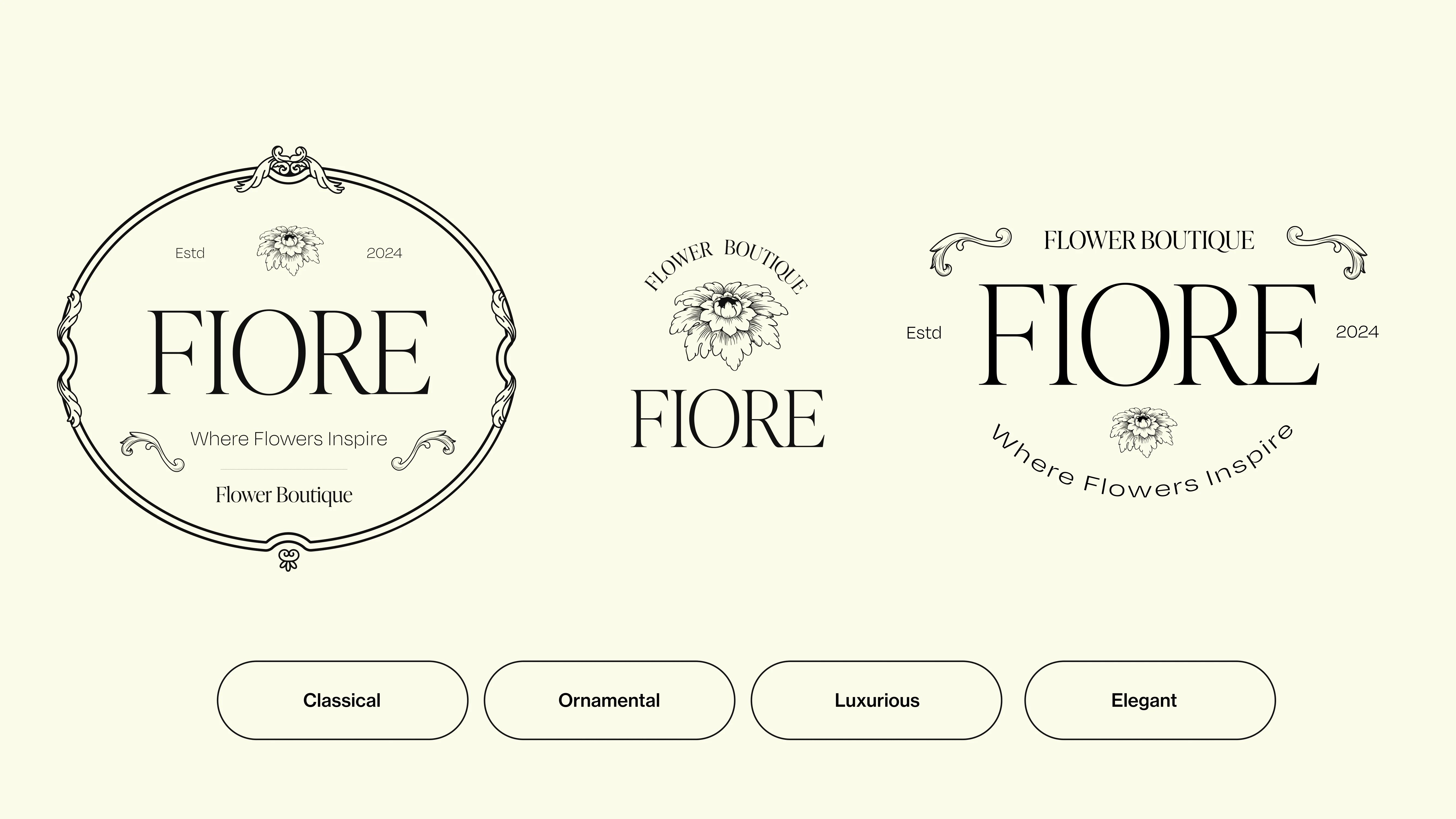 Versatile logo variations designed for different touchpoints while maintaining FIORE’s luxurious aesthetic.