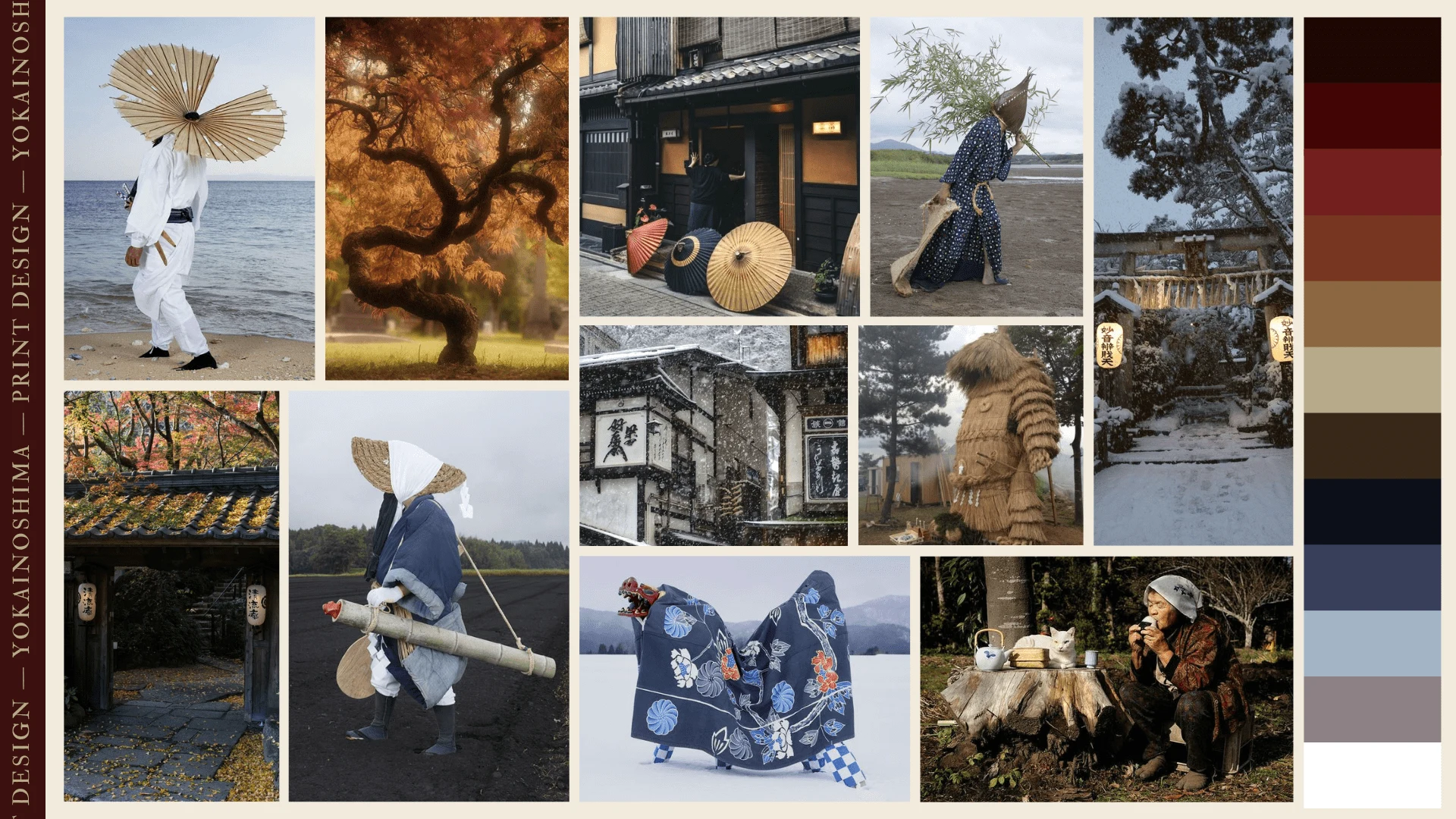 Mood board created for the print collection, based on the Japanese countryside and the photography series "Yokainoshima" by Charles Fréger.