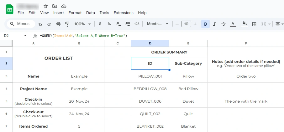 Simple order system in Google Sheets. Items check-marked in the database table will appear in the "Order Summary".