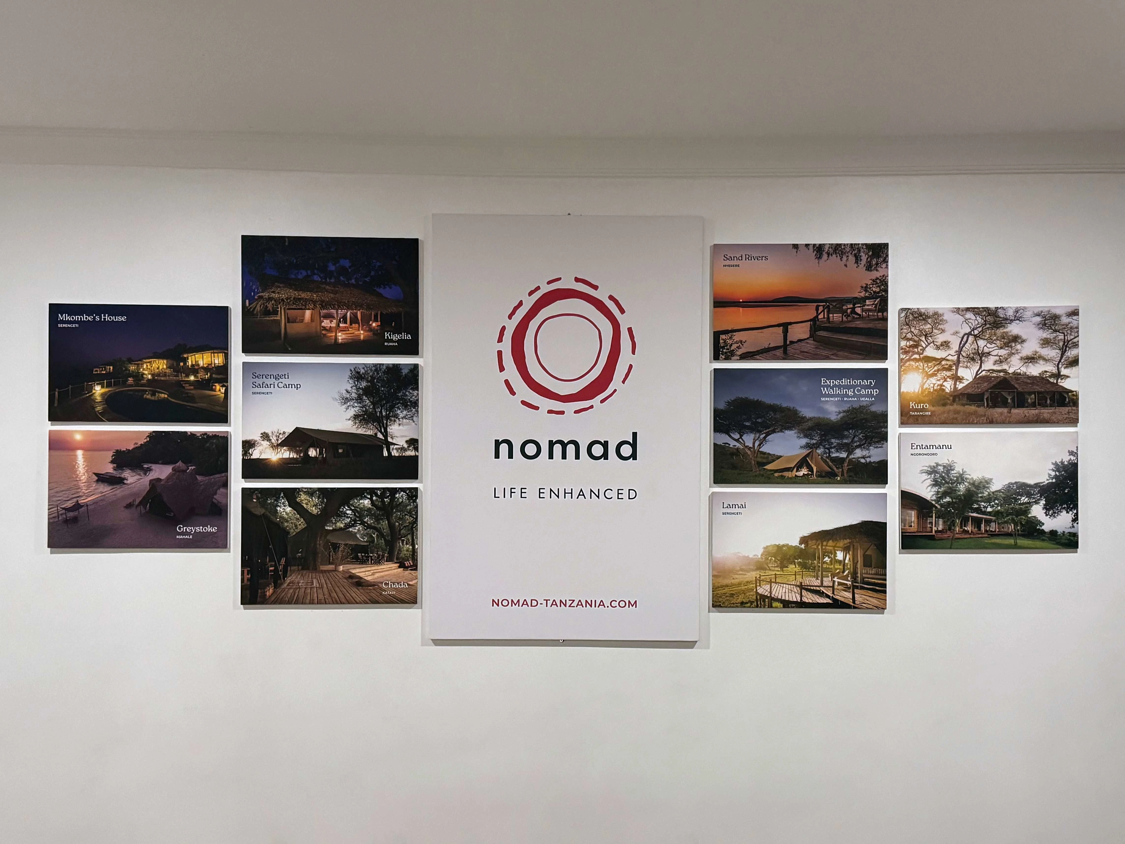 Visuals: Main wall in the Board Room showcasing all Nomad Camps: Mkombe's House, Greystoke, Kigelia, Serengeti Safari Camp, Chada, Sand Rivers, Expeditionary Walking Camp, Lamai, Kuro and Entamanu.