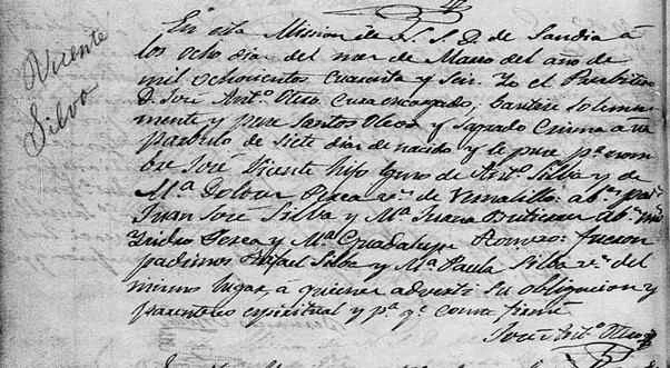 Baptismal Record of Vicente Silva. Page 385 of Sandia Baptism book No. 35, via FamilySearch.