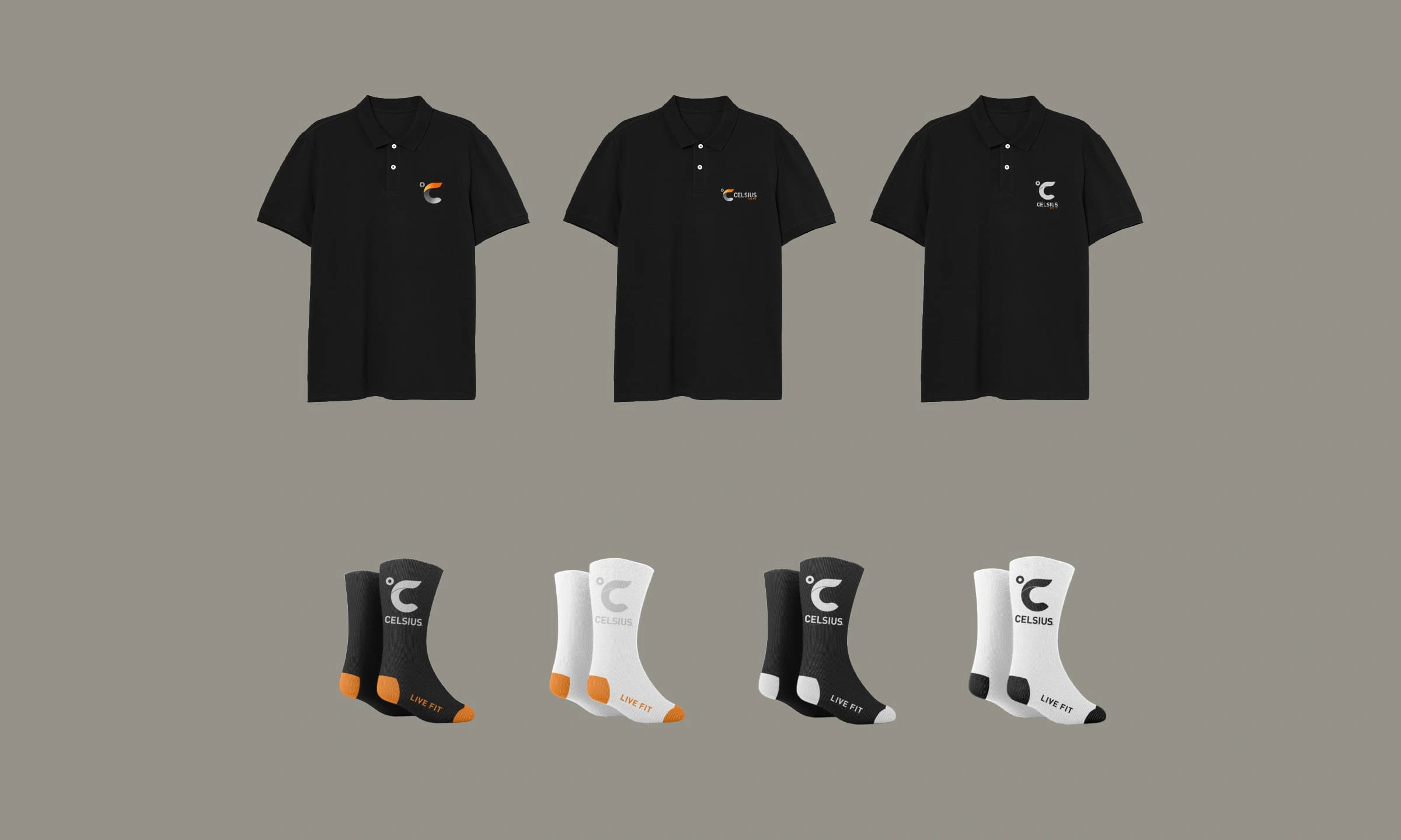 Sleek Celsius polos and socks designed with versatility in mind, offering minimalistic yet bold branding for a polished casual look.