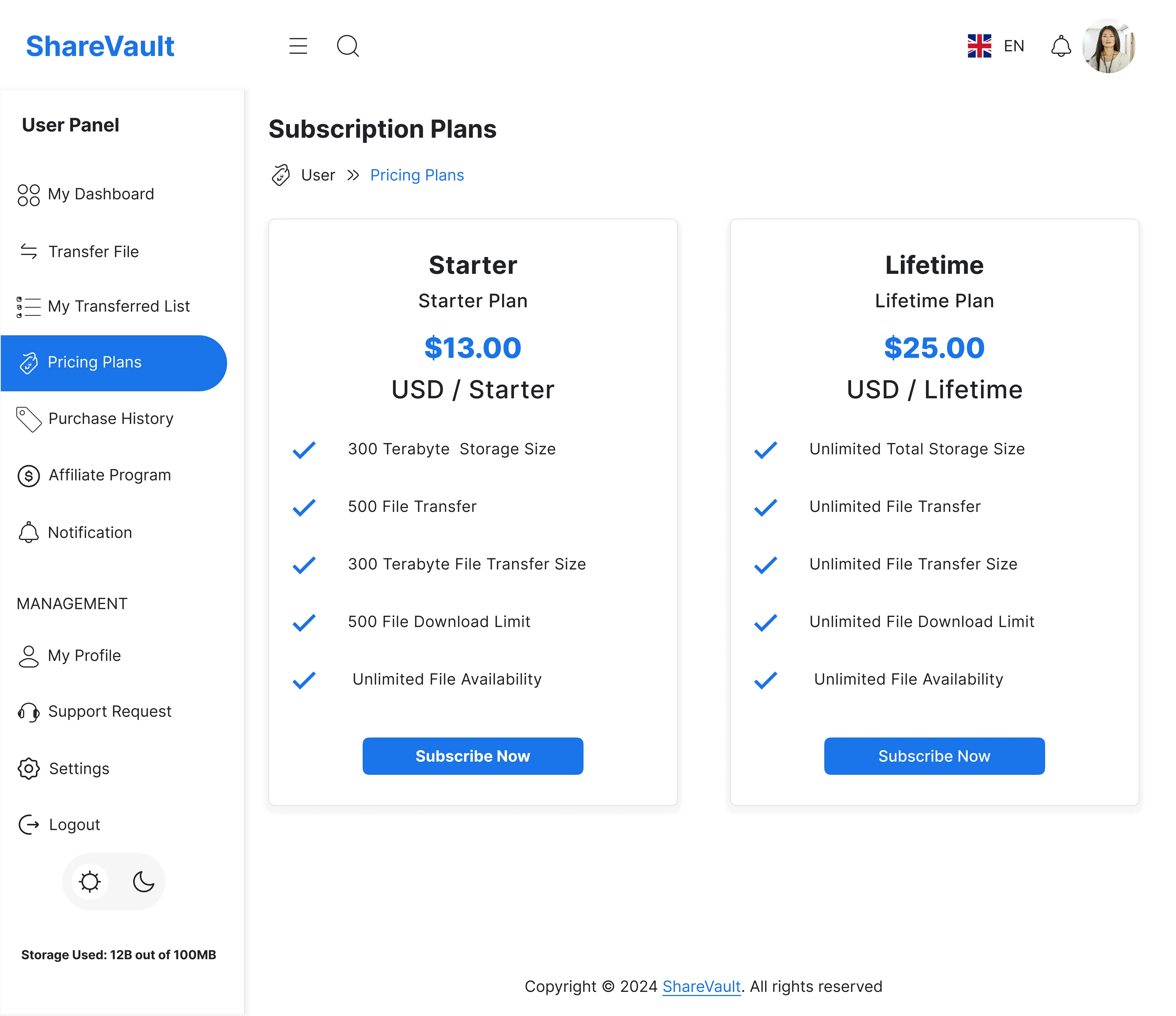 Pricing Plans: Offers details on available subscription plans and storage limits.